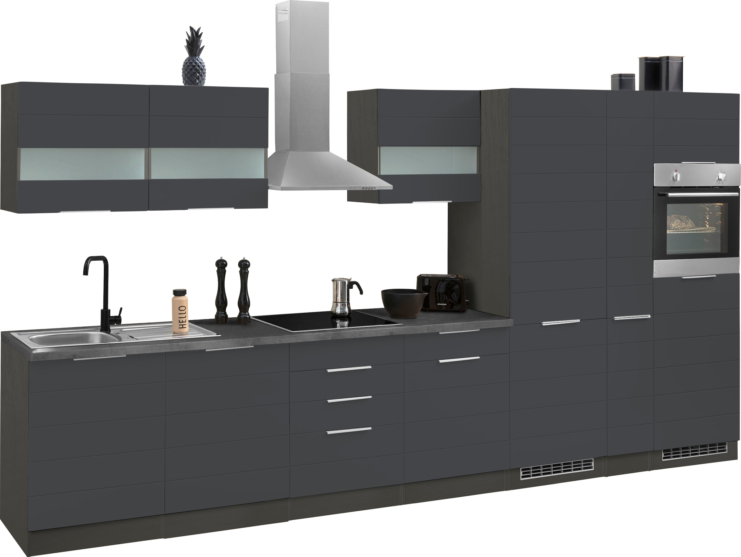 Kochstation Küche »KS-Luhe«, 390 cm breit, wahlweise mit oder ohne E-Geräten, gefräste MDF-Fronten