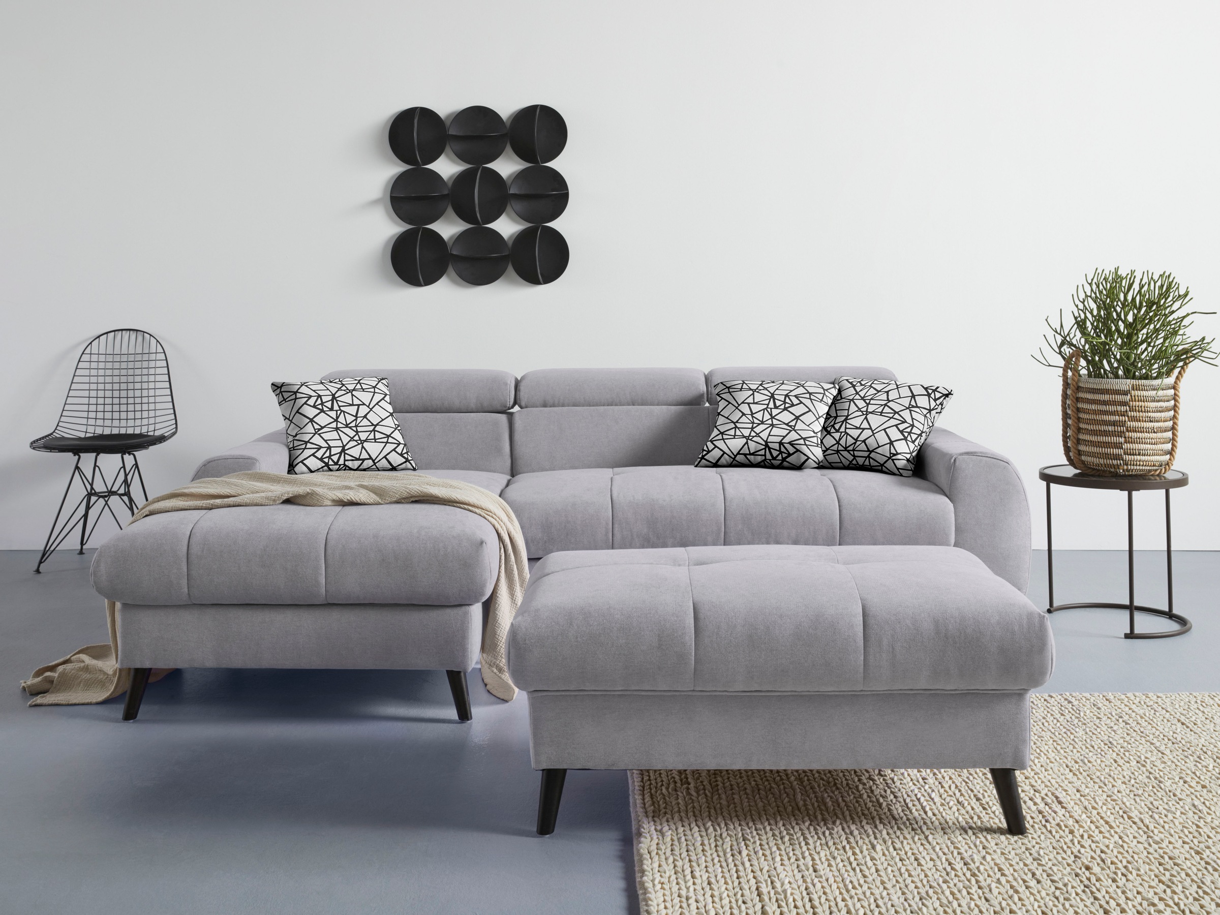 COTTA Ecksofa »Mia L-Form mit 3 Zierkissen«, wahlweise mit Bettfunktion, Bettkasten, Beleuchtung & Wireless-Charger