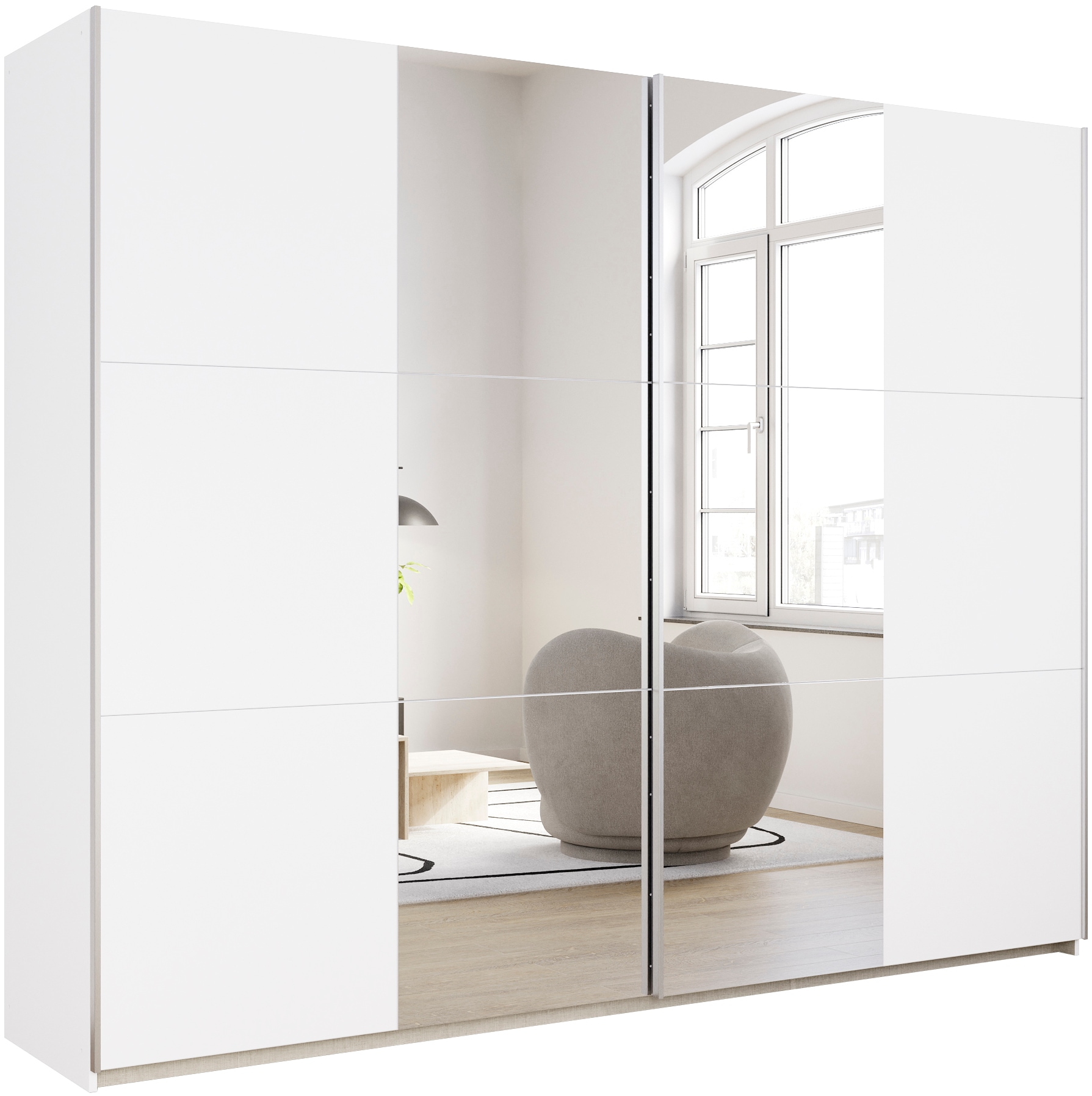 rauch Schwebetürenschrank "Kleiderschrank Drehtürenschrank Schrank Garderobe KRONACH" in 3 Ausstattungen BASIC/CLASSIC/PREMIUM, Breiten 131/175/218/261 cm, optional ohne, mit 1 oder 2 Spiegel, viel Stauraum MADE IN GERMANY