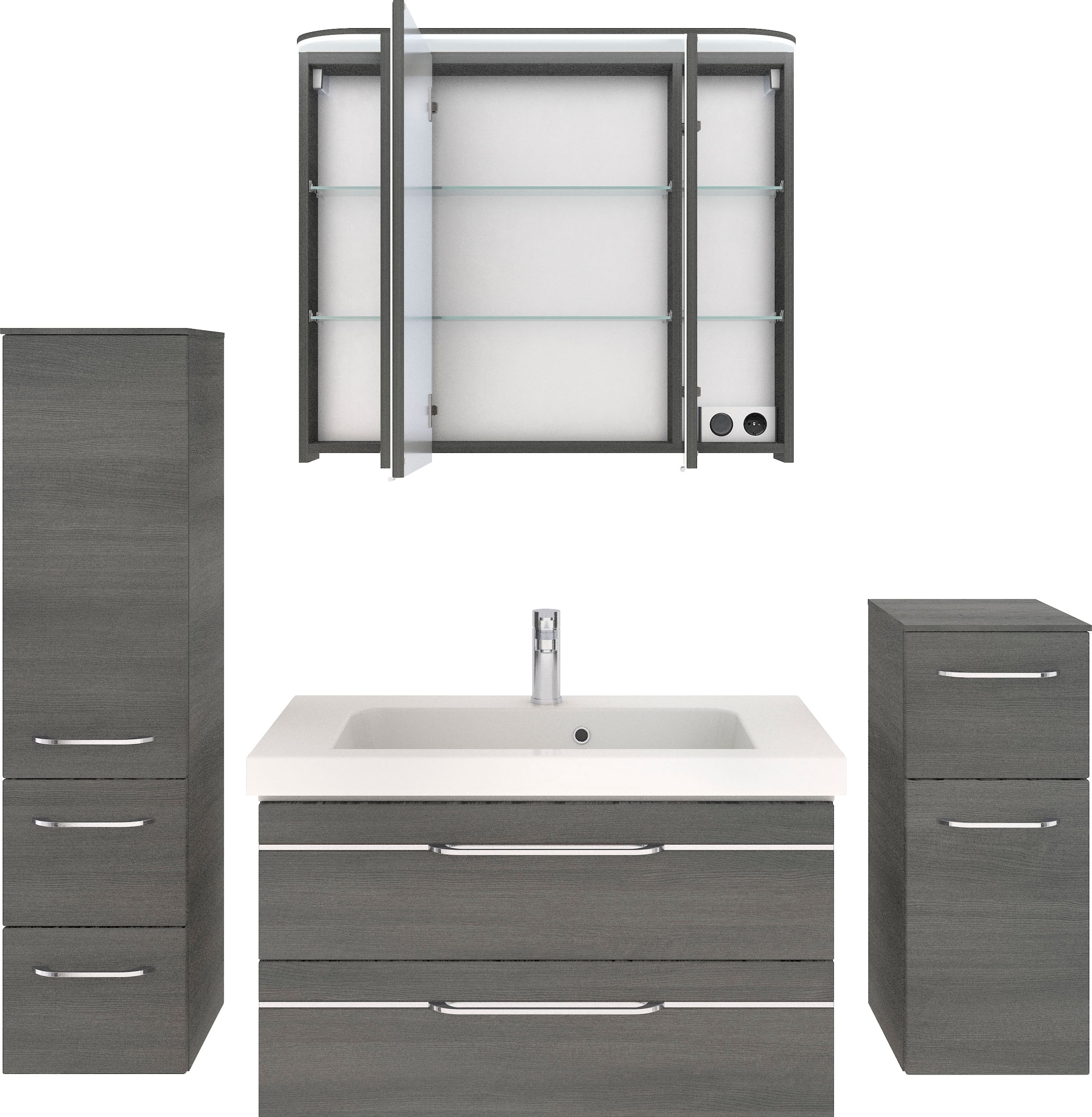 Saphir Badmöbel-Set »Balto Sprint 4-teilig, Mineralmarmor-Waschtisch mit LED-Spiegelschrank«, (5 St.), Midischrank und Unterschrank, inkl Türdämpfer, 5 Türen, 5 Schubladen
