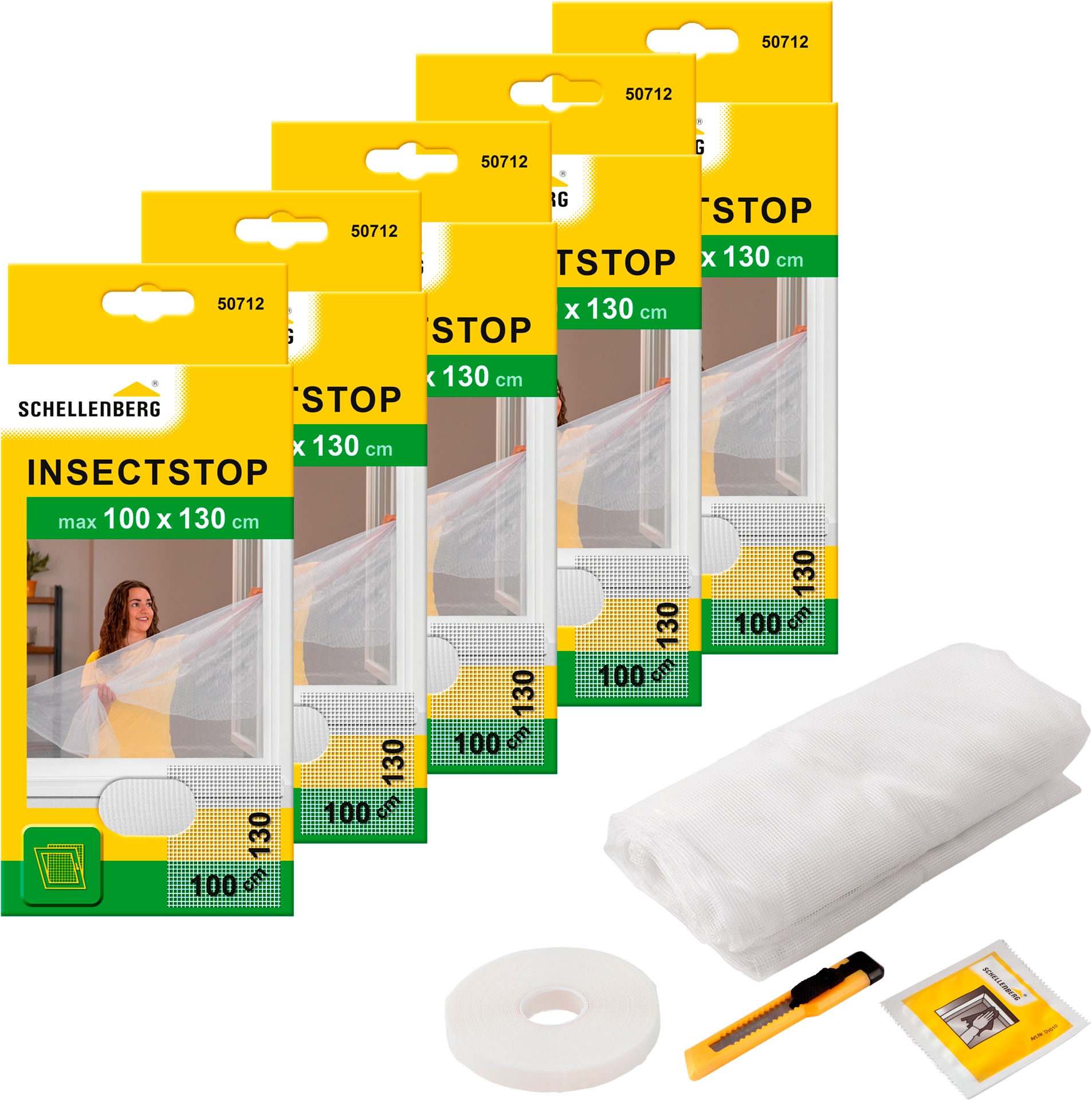 SCHELLENBERG Fliegengitter-Gewebe "für Fenster ohne bohren", B/H: 100cm x 130cm, 5er Pack, weiß, Insektenschutzgitter, Insektenschutz mit Klettband,