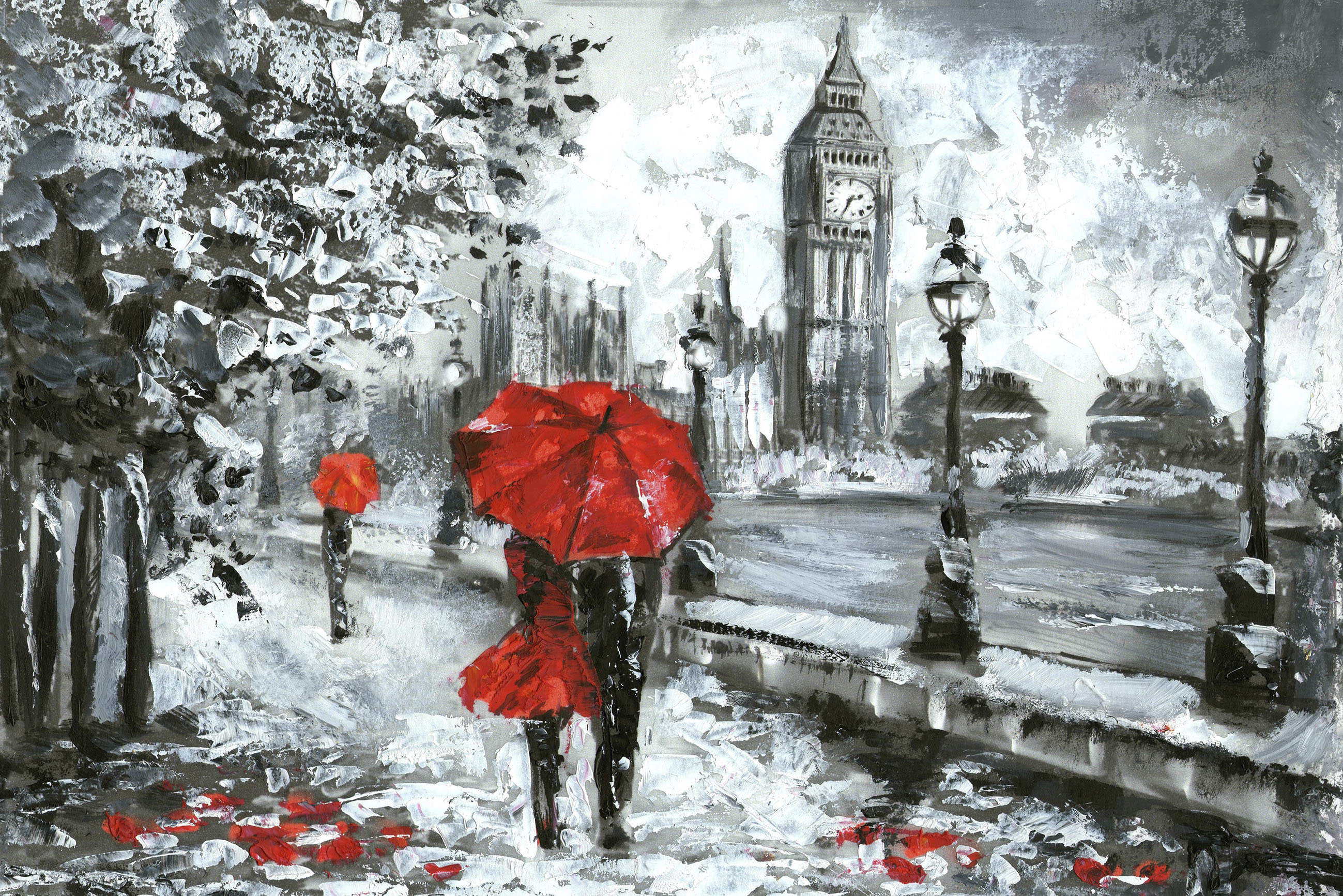 queence Leinwandbild "London" Brücken Großbritannien Kunst London Modern Rain Schwarz-Weiß Städte Wandeko, Big Ben, gezeichnet, Premium Leinwandstoff