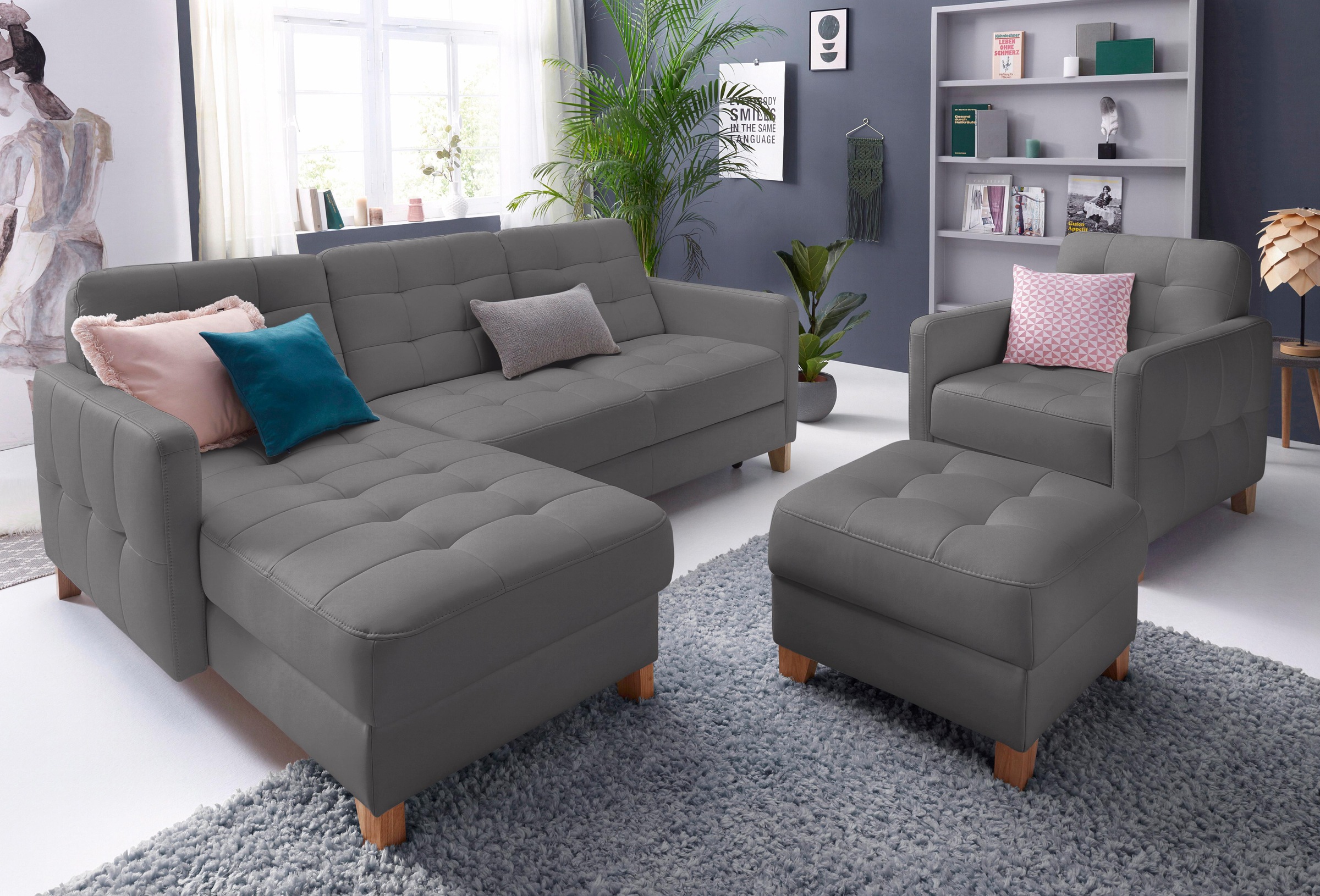 Sessel EXXPO - SOFA FASHION "Elio, Loungesessel, aufwendige Detailverarbeitung, bequem und modern", grau (delphin), B:76cm H:84cm T:90cm, Luxus-Kunstleder;NaturLEDER (echtes Rindsleder) in Sitz und Rücken. Korpus in passendem Kunstleder SOFTLUX bezogen, S 3