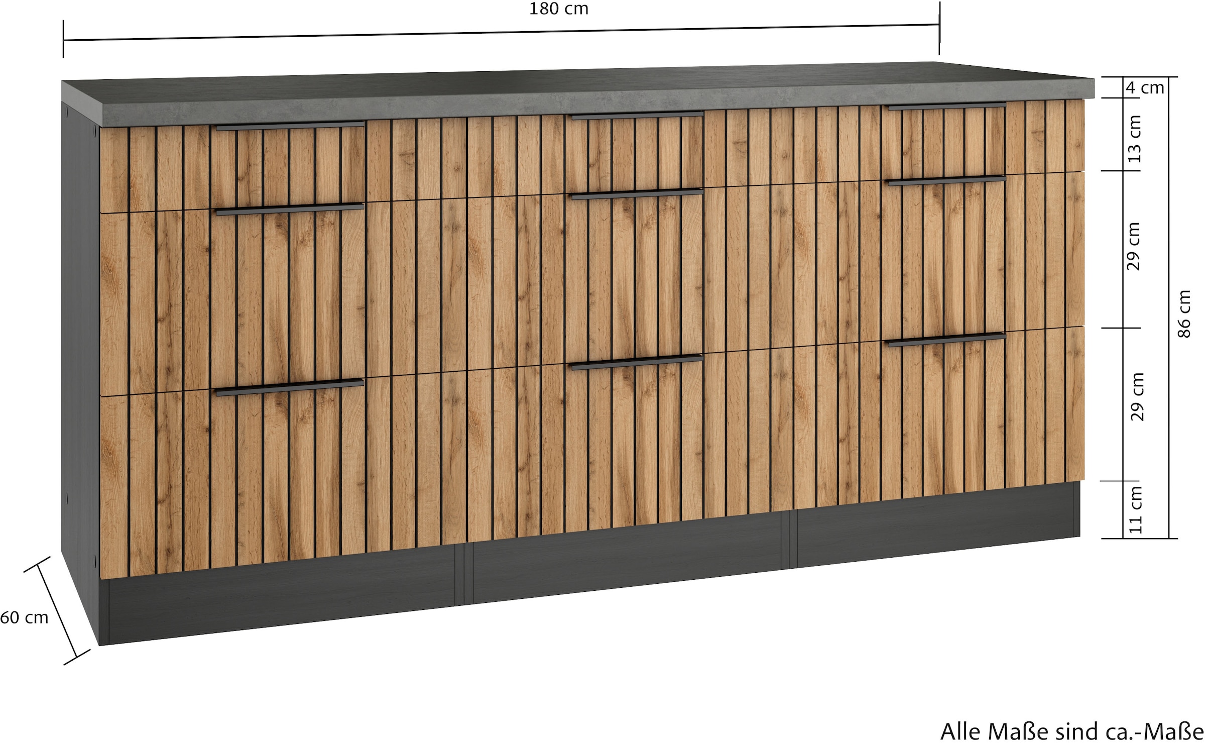 KOCHSTATION Unterschrank »KS-Lagos«, Breite 180 cm, 3 Schubkästen, 6 Auszüge