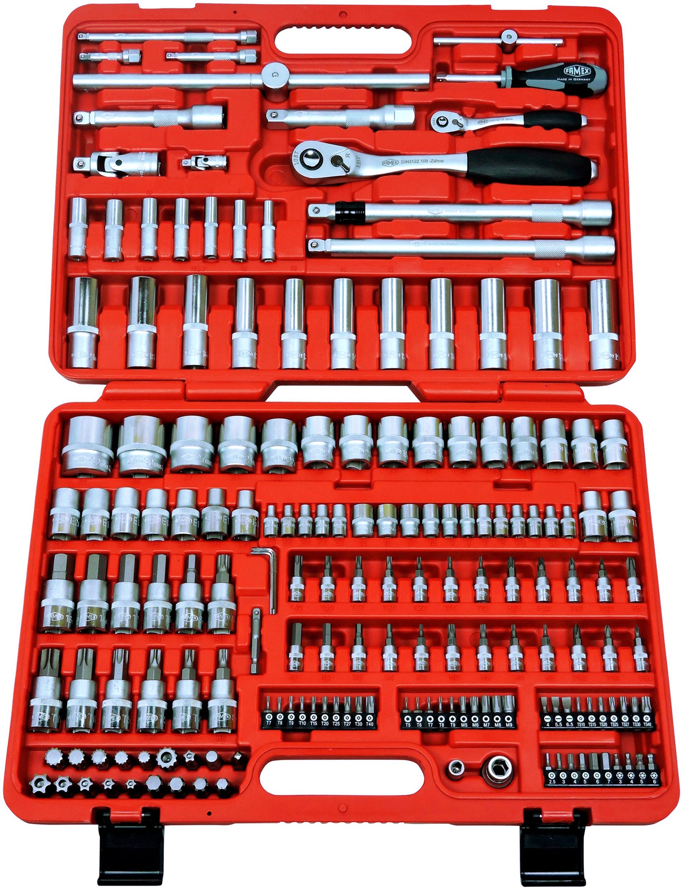 FAMEX Werkzeugset »604-18 - PROFESSIONAL«, Alu-Werkzeugtrolley, Kapazität 30 kg, mit 174-tlg. Steckschlüsselsatz