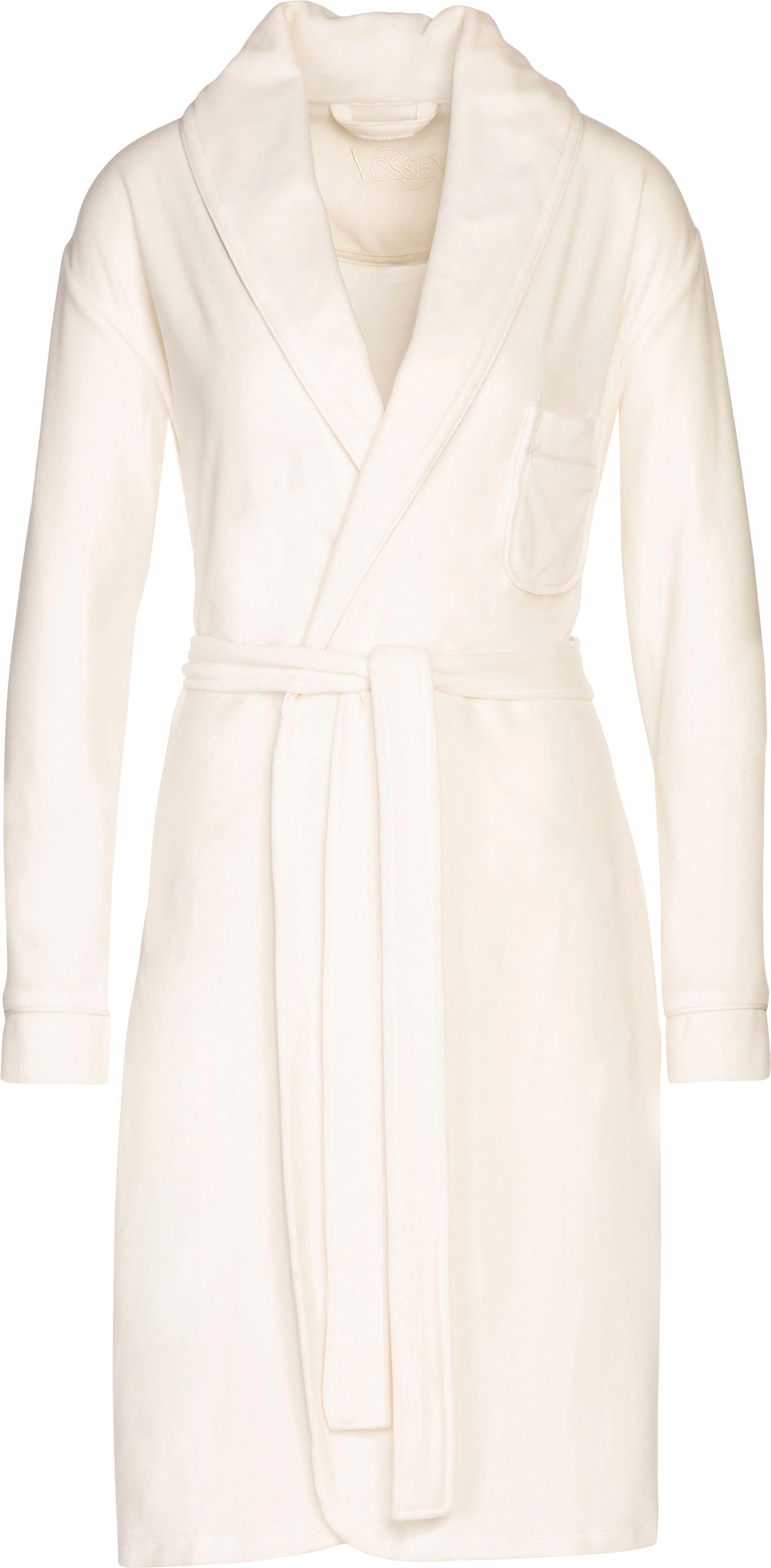 Bademantel VOSSEN, weiß, Nicki-Velours, Hausmäntel, "Vivienn, ideal für Sauna & Spa, Hotelbademantel, Morgenmantel", mit Bieseneinfassung und
