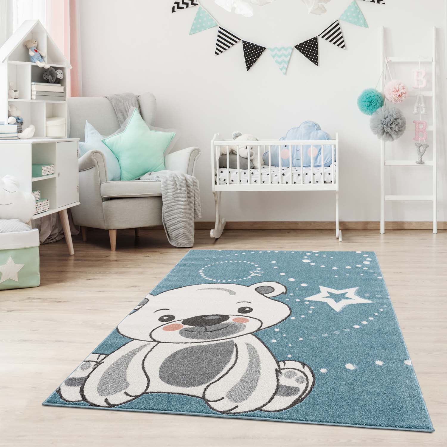 Carpet City Kinderteppich »Anime9386«, rechteckig, Babyteppich, Sterne, Teddy-Bär, Weicher Flor, Pflegeleicht