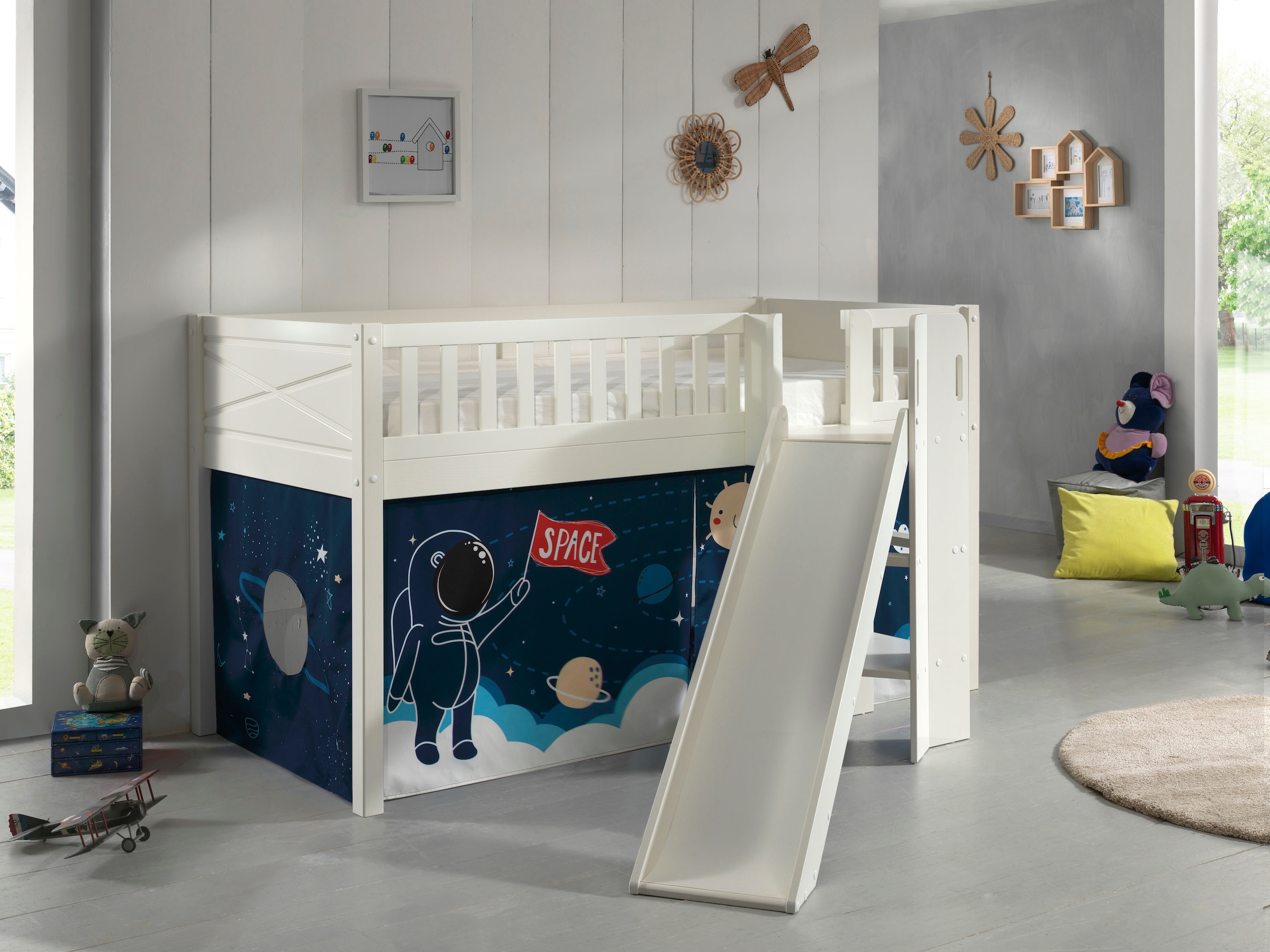 Vipack Hochbett »Scott«, (Made in Europe), m. Rutsch-/Leiterturm, LF 90x200 cm, Vorhang, Tunnel, 7 Designs