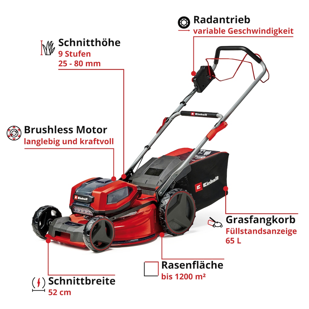 Einhell Akkurasenmäher »Professional GP-CM 36/52 S Li BL«, 4 x 5,2 Ah Plus Akkus und 2 Twincharger