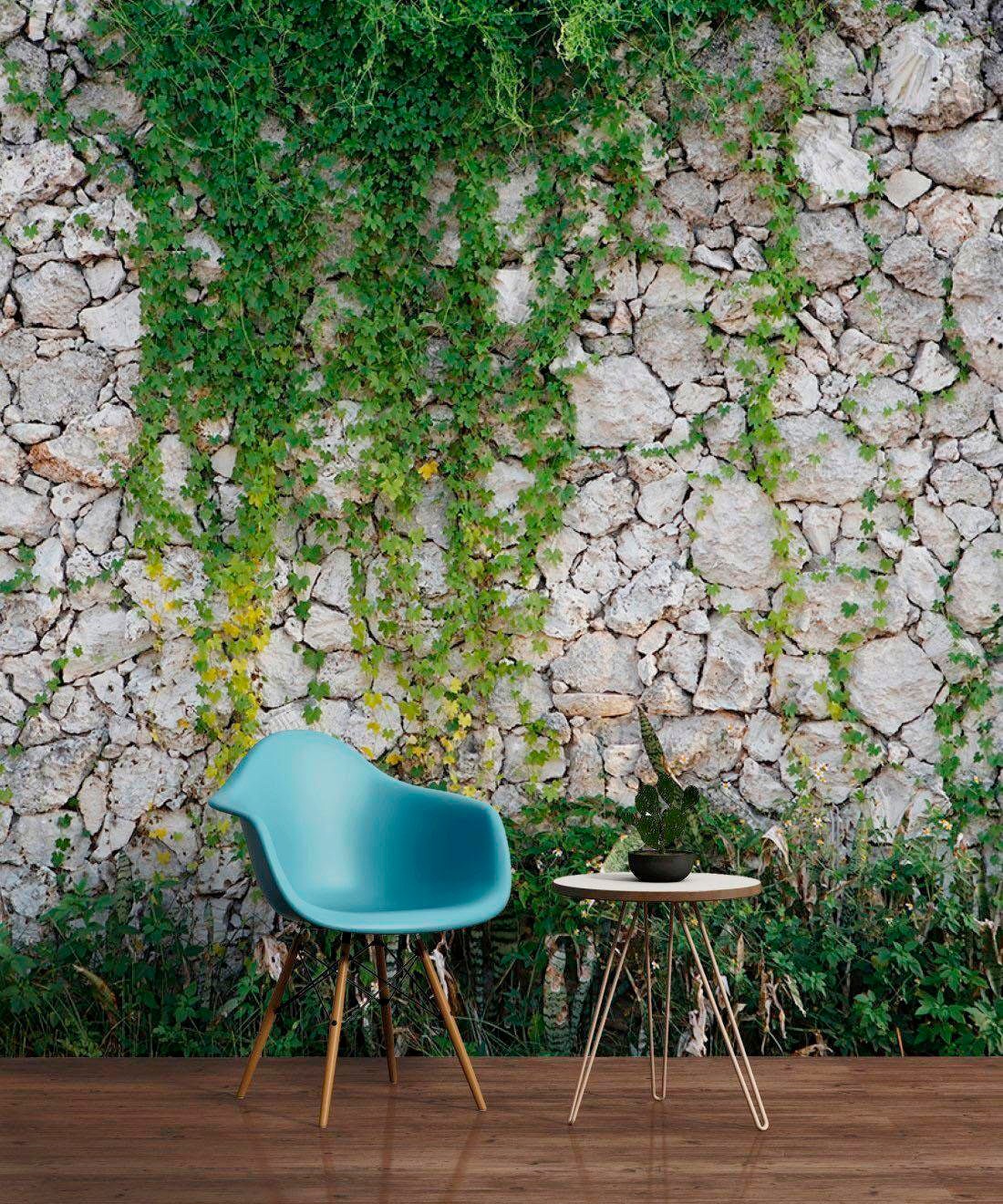 living walls Fototapete "Natursteinmauer Vlies" glatt Steinwand mit Pflanze günstig online kaufen