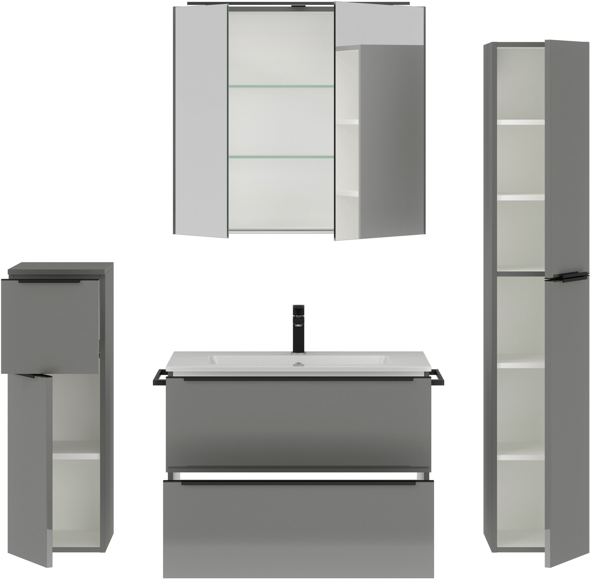 nobilia® Badmöbel-Set »Levere«, (4 St., vormontiert, mit Soft-Close), inkl. Spiegelschrank mit Beleuchtung und Dimmerfunktion, in 4 Breiten