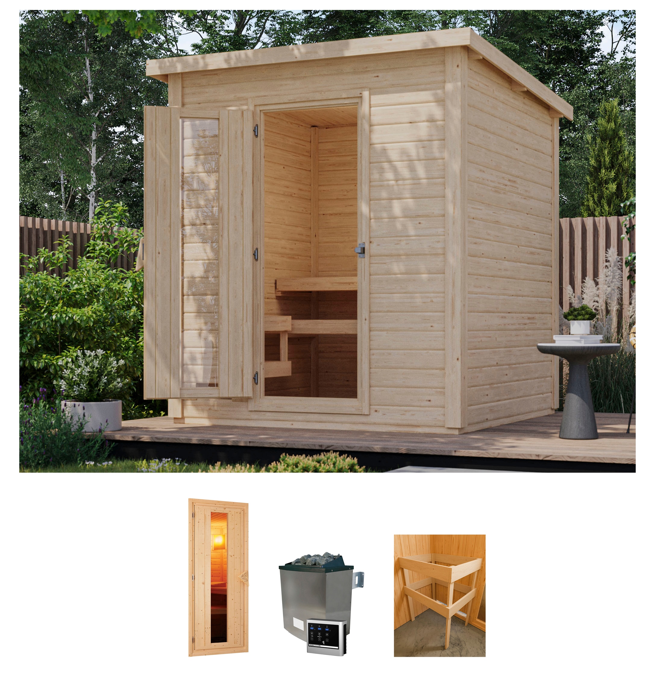Karibu Saunahaus "Talo 2" Set, Ofen 9 KW externe Strg easy