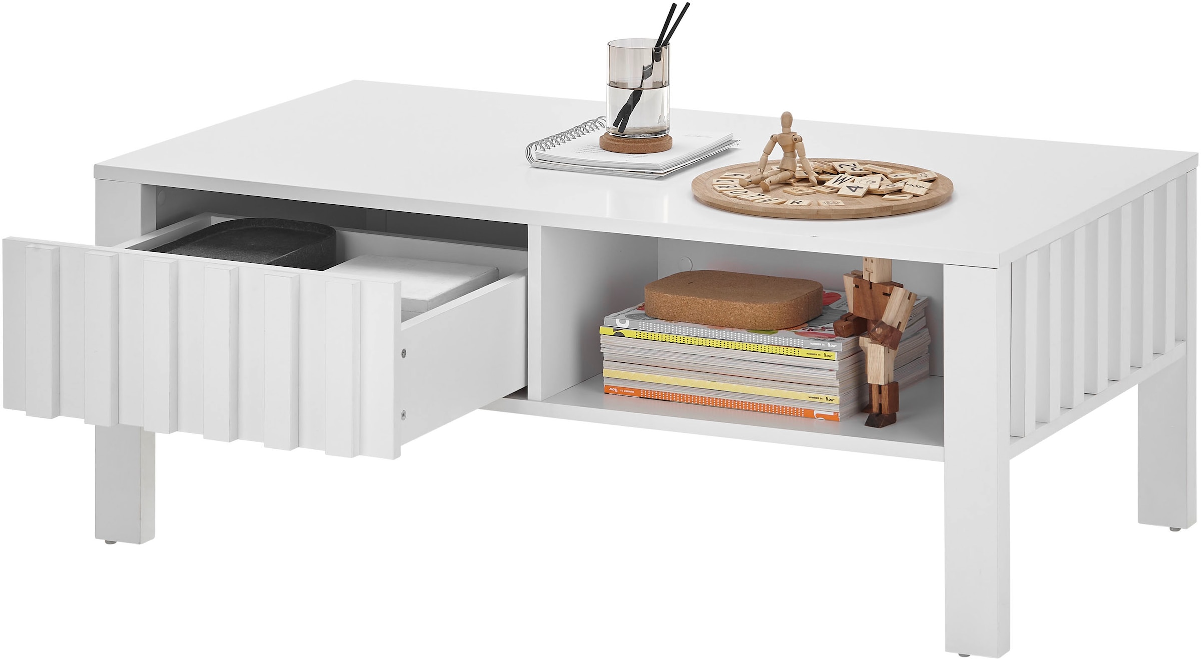 Stolkom Couchtisch »Mao weiß matt, Wohnzimmertisch, BxHxT 108x42,5x60 cm«, Lamellen Optik, 1 Schublade und 1 offenes Fach