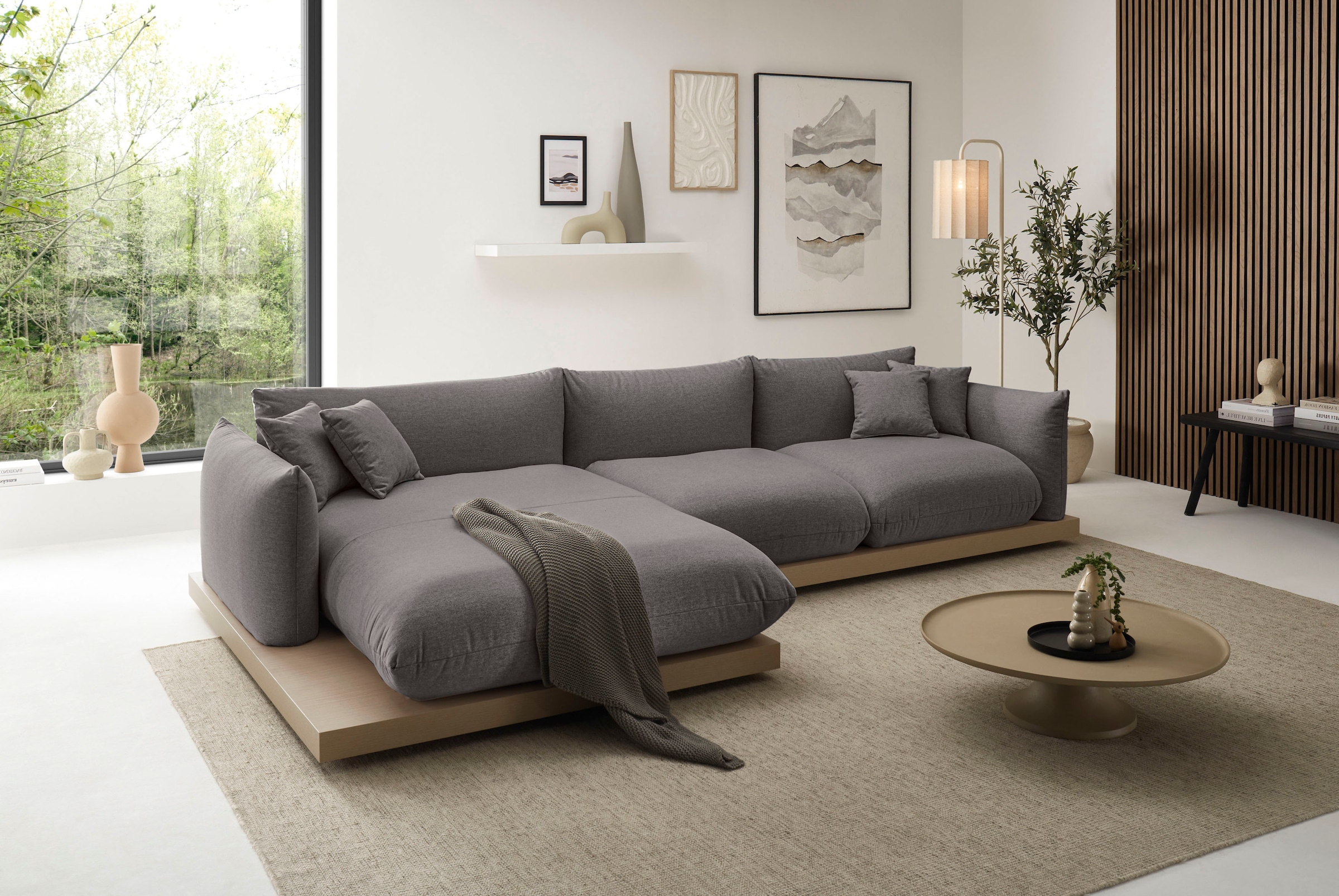 OTTO home Ecksofa »Kalix, Polsterecke mit kräftigem Holz-Plateau, moderne Couch in L-Form«, wahlweise Recamiere links o. rechts, Strukturstoff, hoher Sitzkomfort