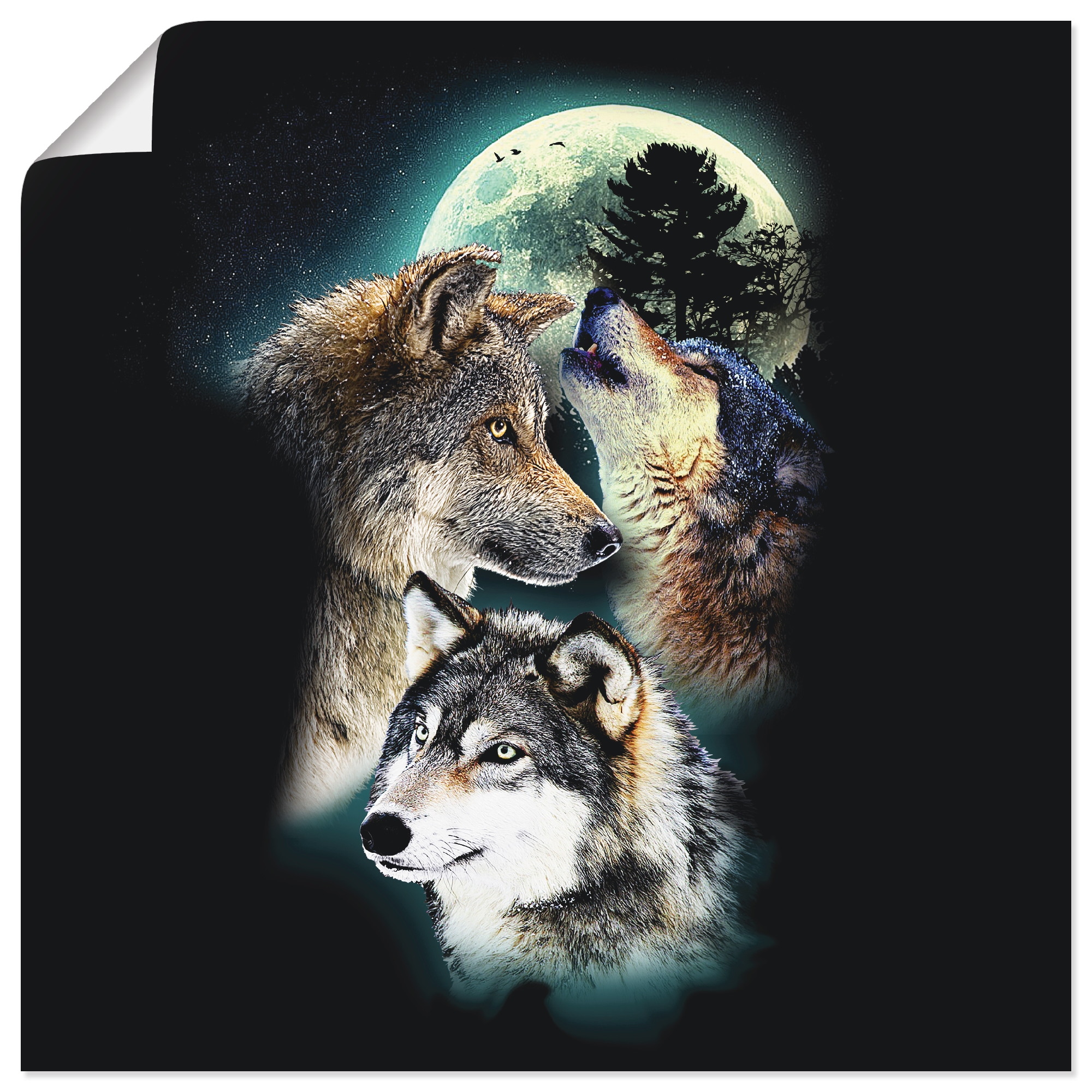 Artland Wandbild "Phantasie Wolf Wölfe mit Mond", Wildtiere, (1 St.), als L günstig online kaufen