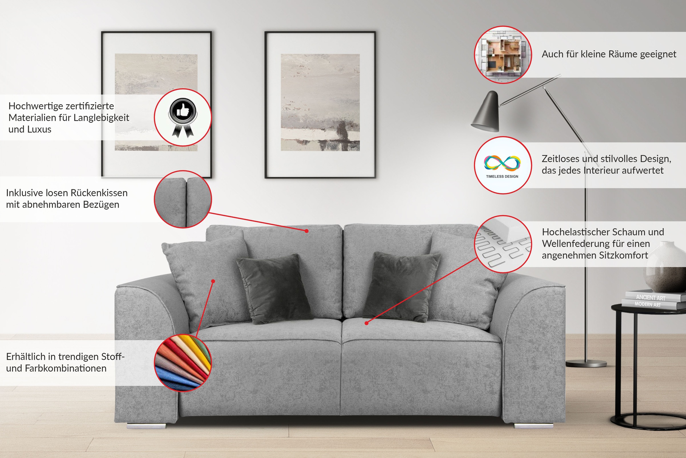 2-Sitzer INOSIGN "BEATRICE, erhältlich in trendigen Stoffoptionen, B/T/H: 143/73/92 cm", beige (creme), B:195cm H:92cm T:107cm, 100% Polyester, Sofas, In hochwertiger Verarbeitung, incl. 2 großen Zierkissen in Korpusfarbe 5