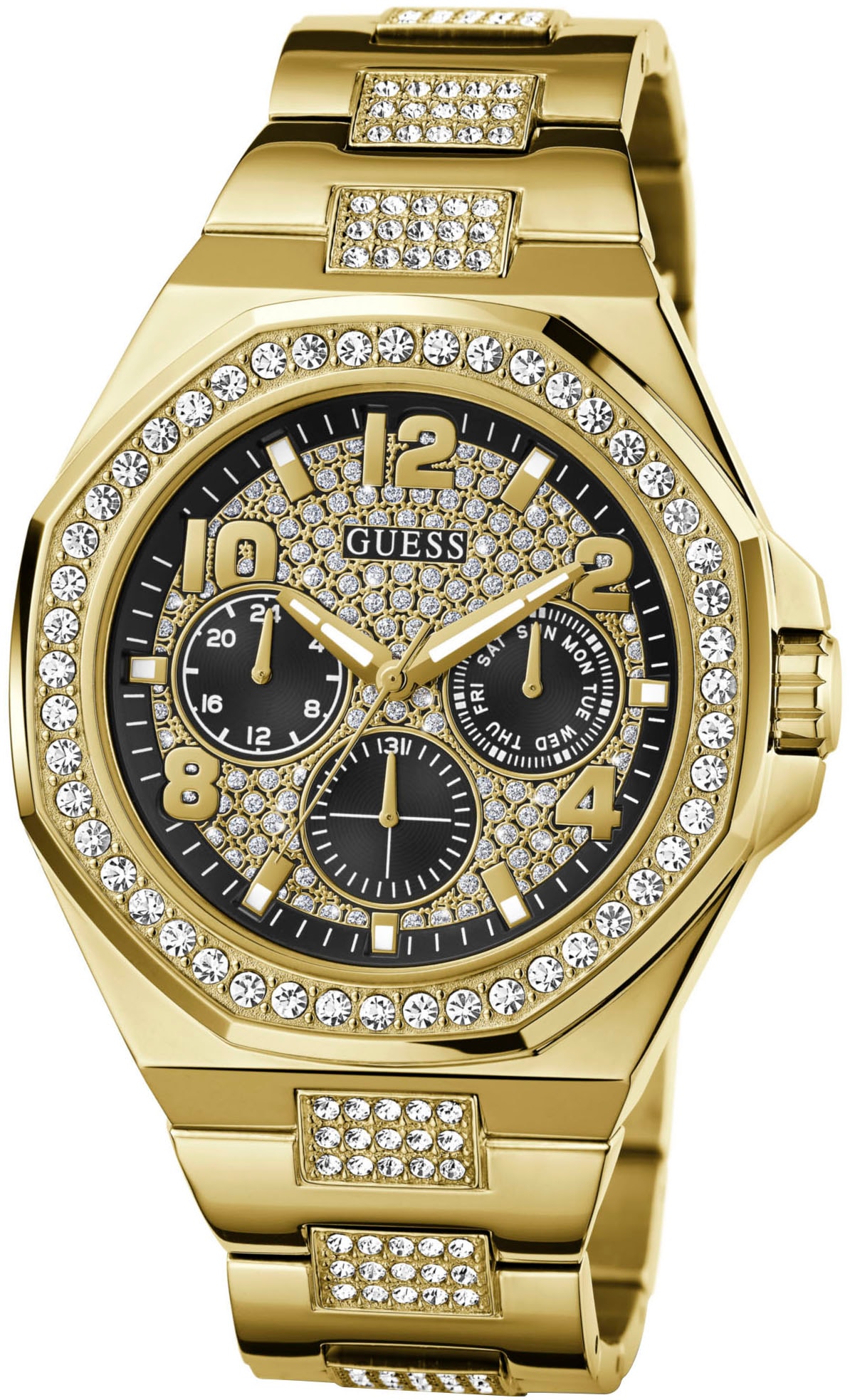 Guess Multifunktionsuhr »EMPIRE«, Quarzuhr, Armbanduhr, Herren, Datum, 12/24-Std.-Anzeige,Kristallsteine