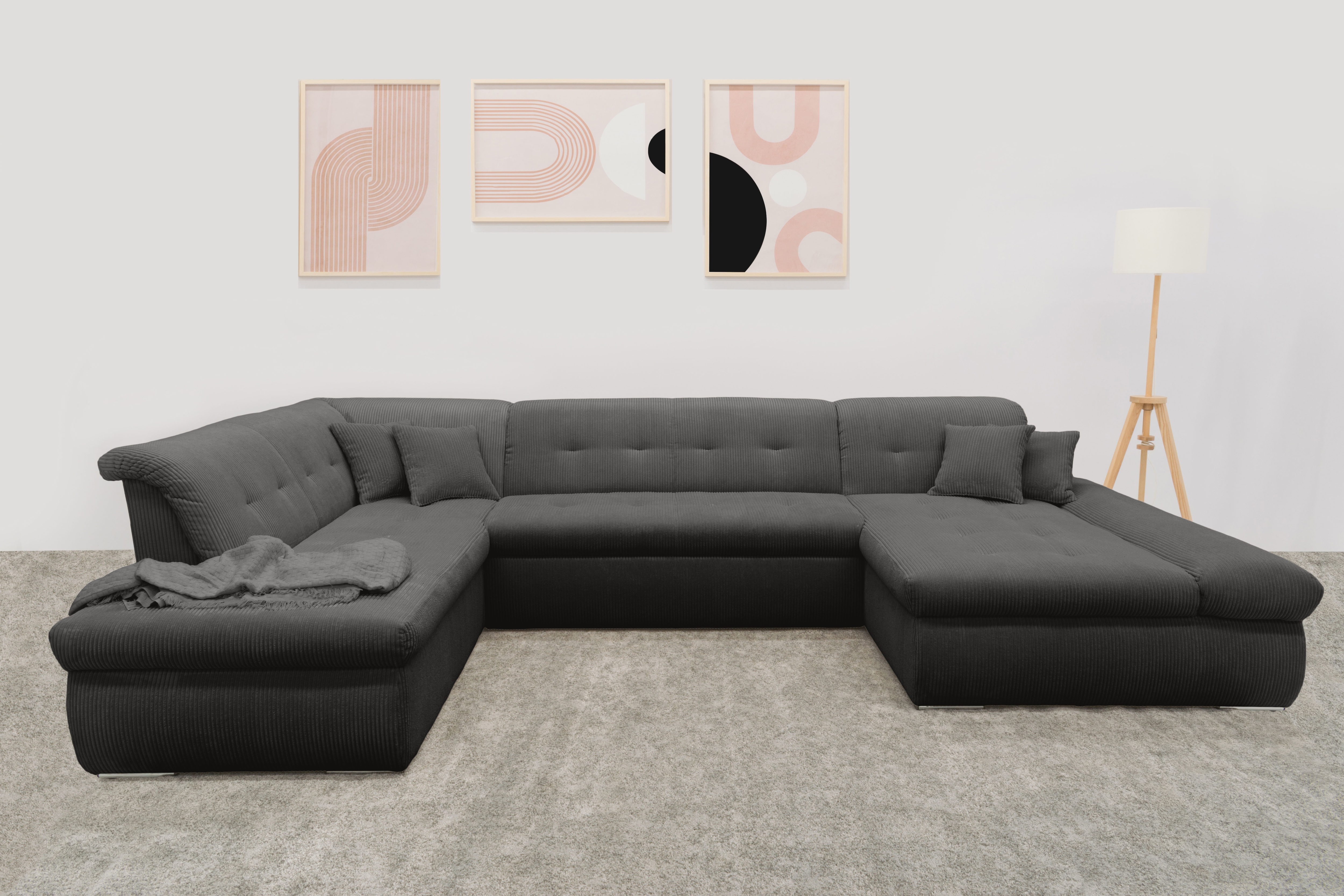 DOMO collection Wohnlandschaft "MORIC 353x216x80 cm, mit viel Platz, U-Form, auch in Cord" im XXL-Format, wahlweise mit Bettfunktion und Armlehnenverstellung