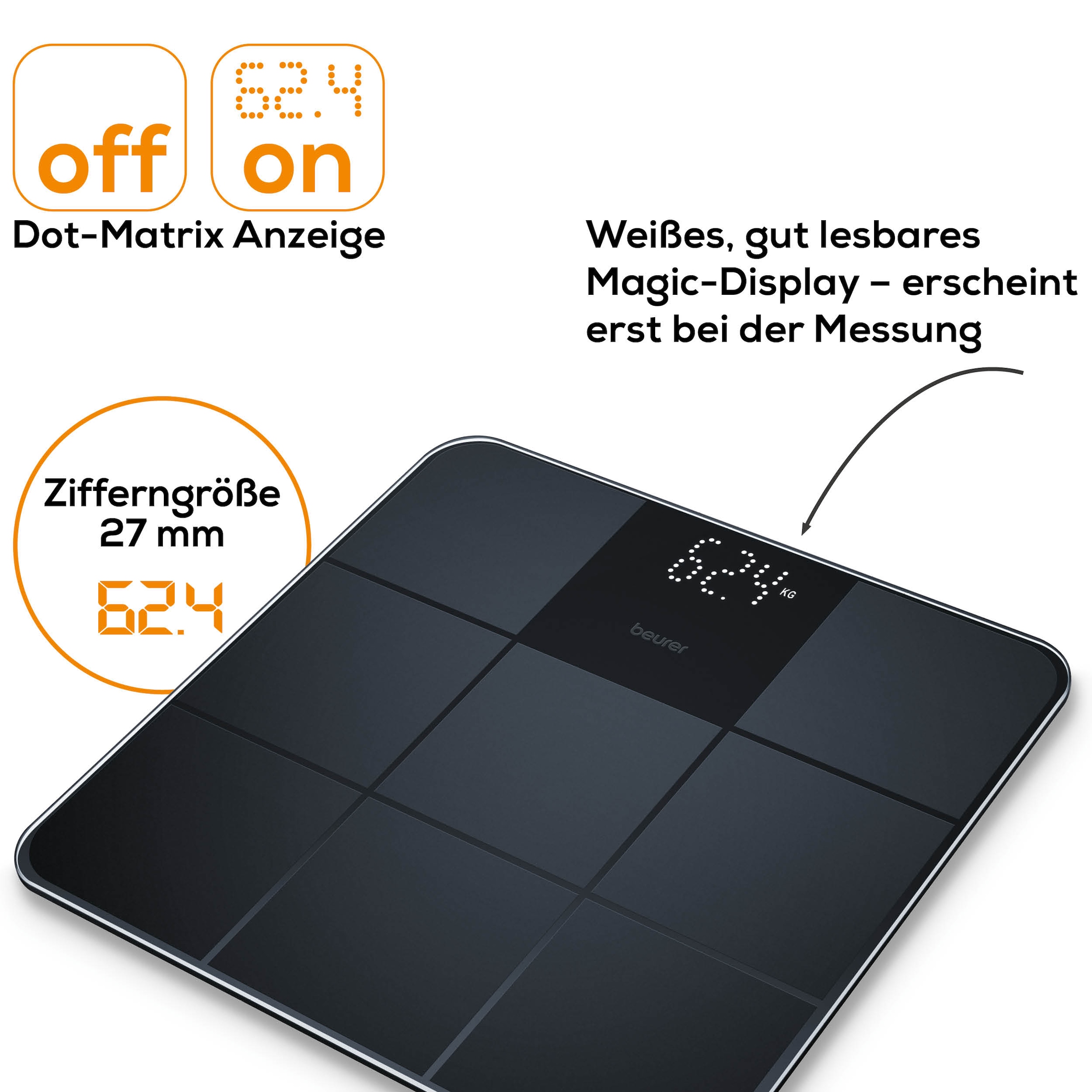 BEURER Personenwaage »GS 235 Glaswaage mit Magic-LED Display - erscheint nur bei Messung«, Elegante Oberfläche mit matter Fliesenstruktur, Tragkraft bis 180 kg