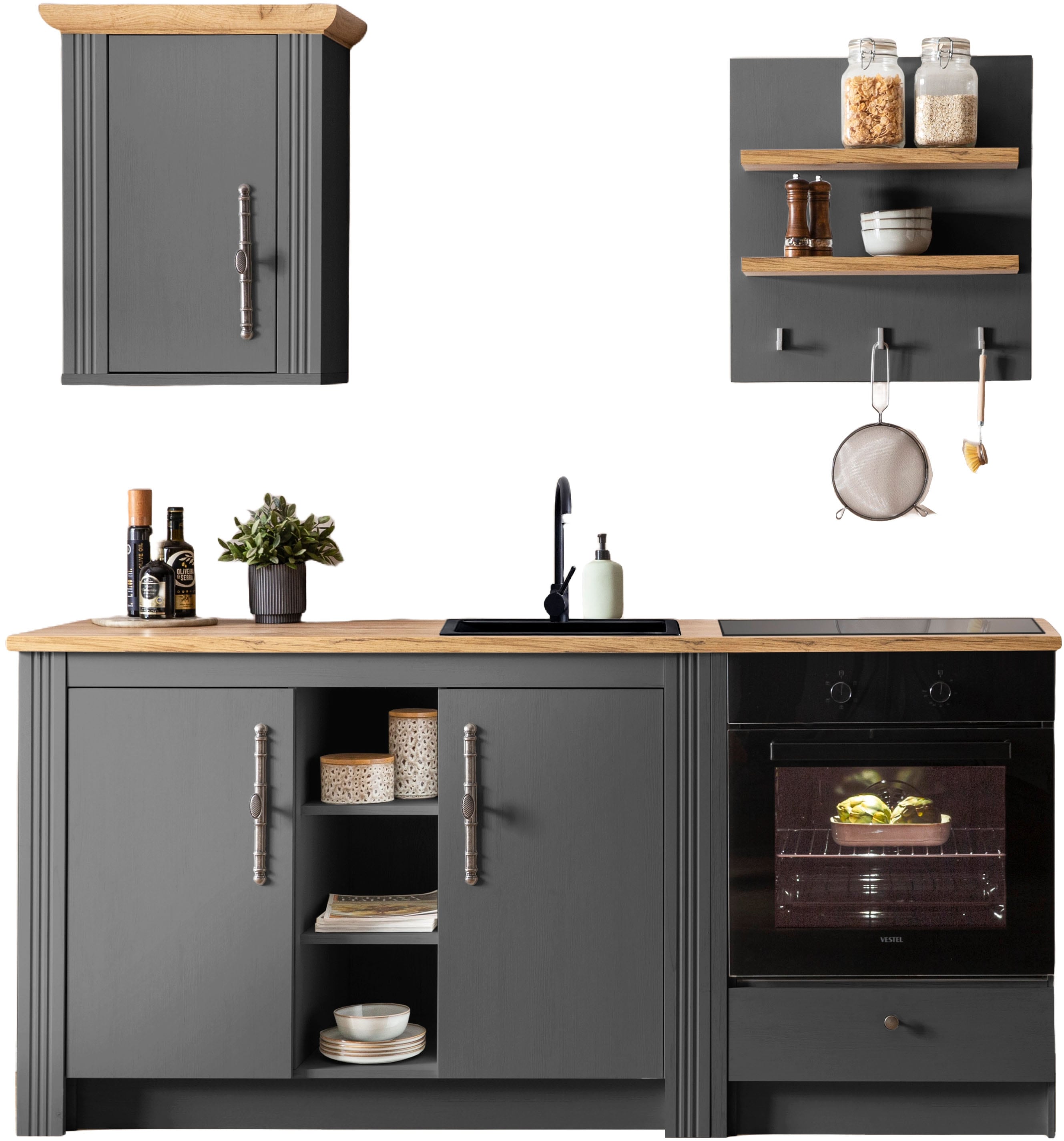 OTTO home Küchenzeile "KS-Westminster, Pantryküche im Landhaus Stil, hochwertige Metallgriffe" Set, Breite 194 cm, Kommode, Wandpaneel, Hängeschrank und Herdumbau