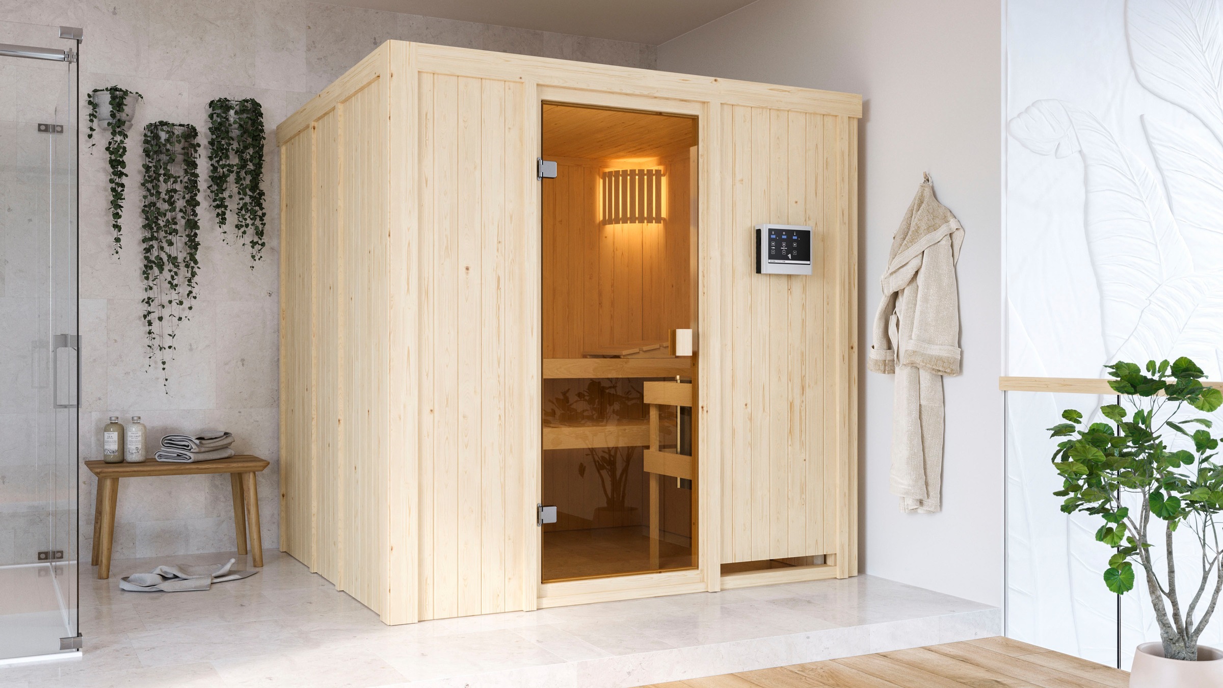 Karibu Sauna »Tromsö«, mit Ofen 9 kW Bio mit ext. Strg.