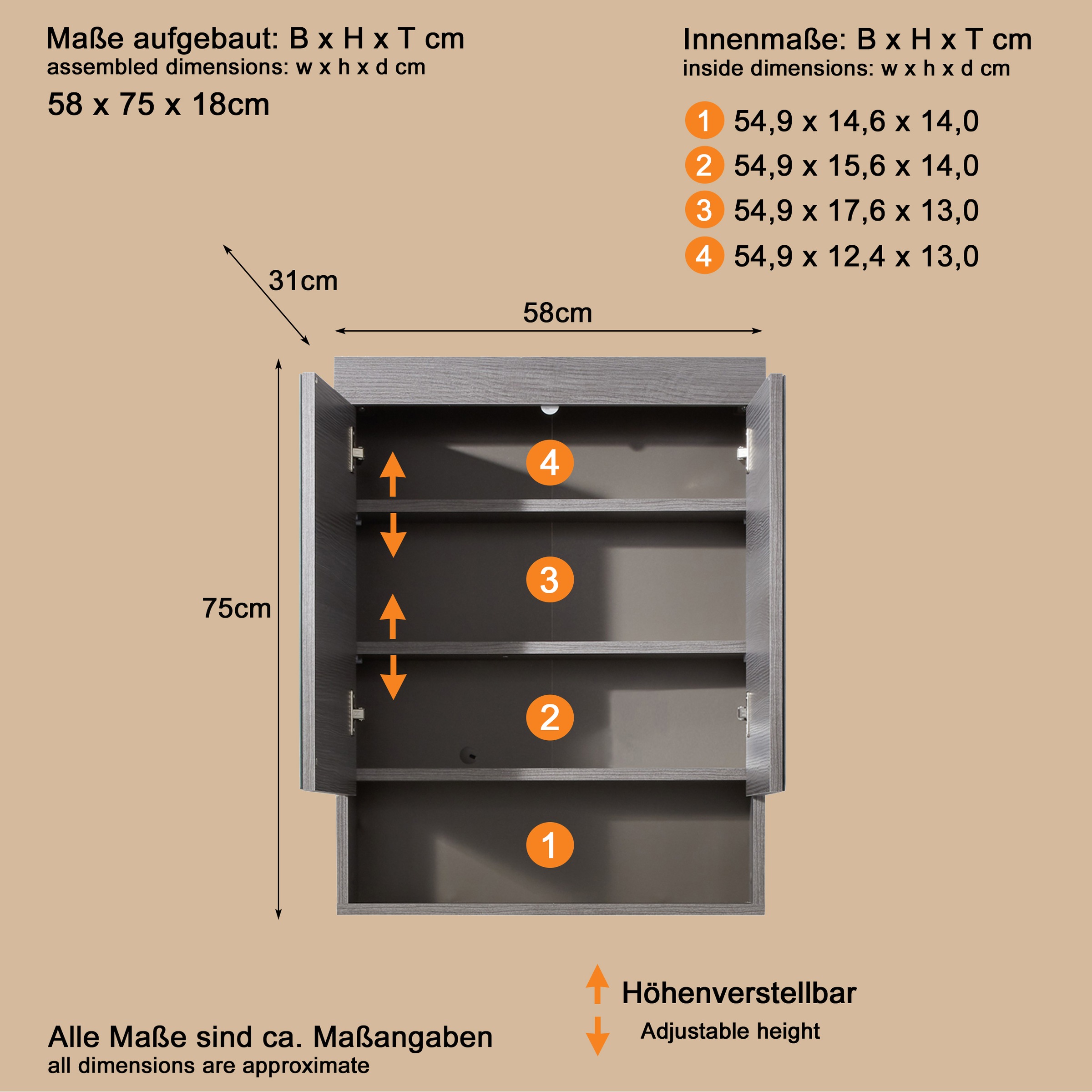 Thumbnail - welltime Spiegelschrank "Royan" Spiegelschrank mit 2 Türen & 1 Fach - (B/T/H) 58/18/75 cm