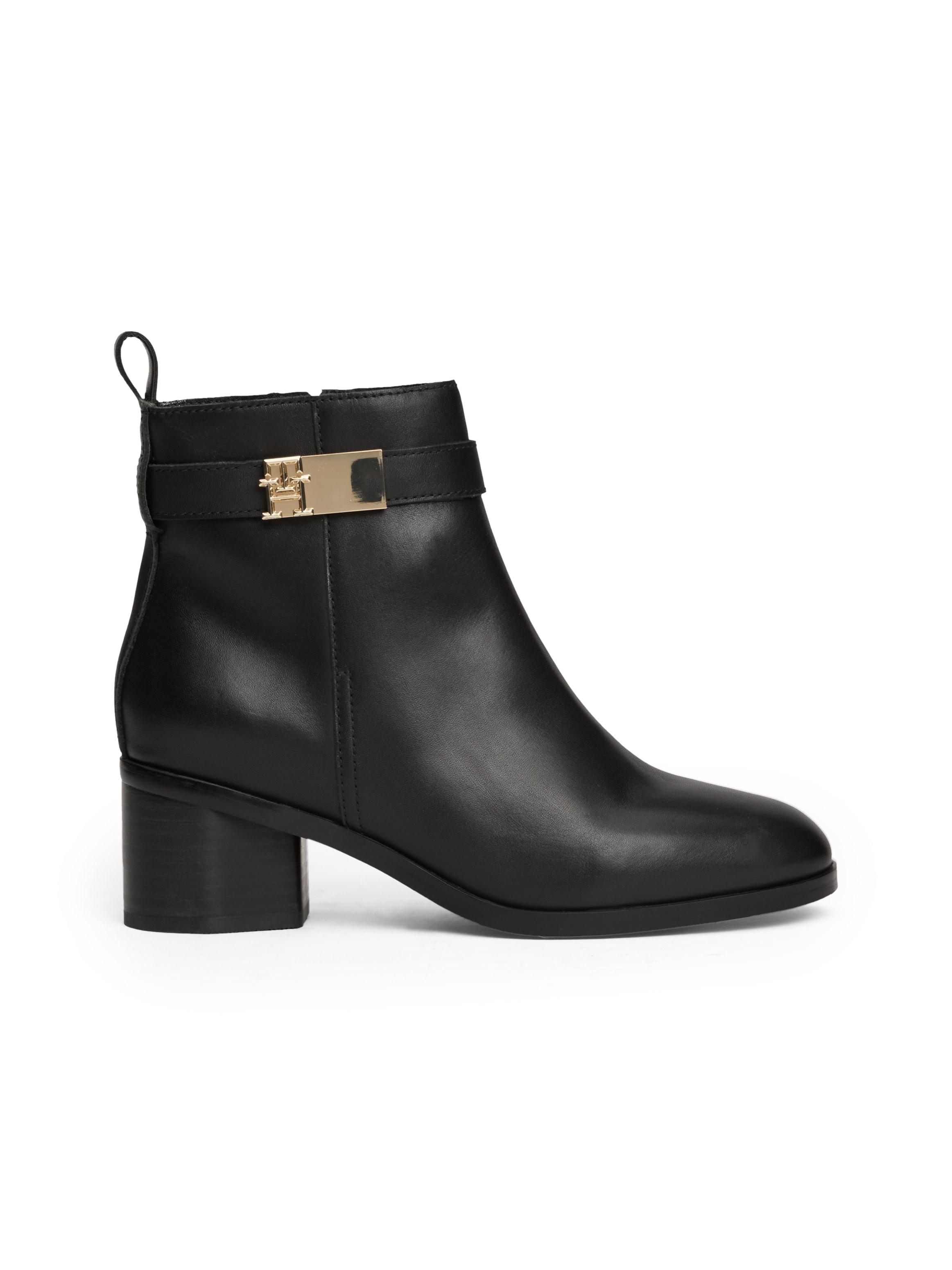 Tommy Hilfiger Stiefelette »TH LOGO MID HEEL BOOTIE«, Blockabsatz, Ankleboots, Businesschuh, Zierriemchen, Schmuckelement