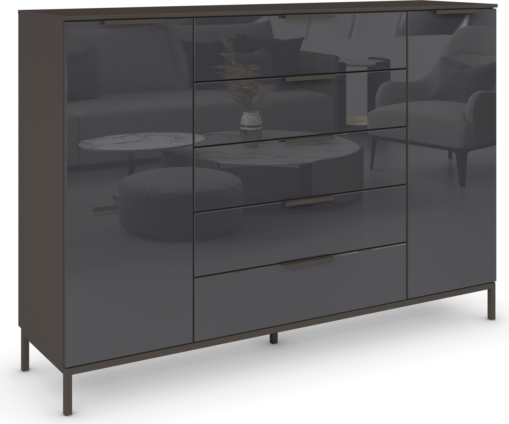 rauch "Kommode Türkommode Sideboard Kombikommode FLIPP mit Glasfront" Breite 160/180 cm mit 4 Einlegeböden, 2-trg mit 5 Schubladen und Soft-Close-Funktion, Glasfront, 2 Breiten