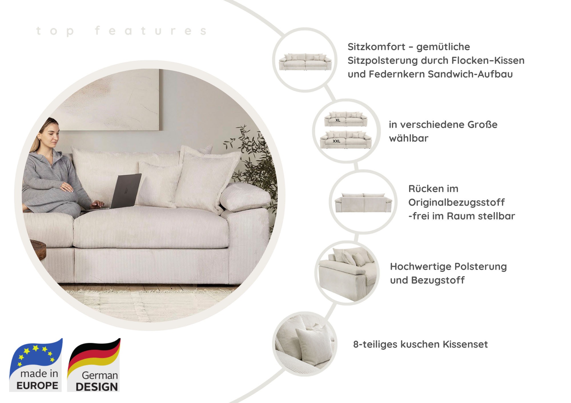 Thumbnail - Home affaire Big-Sofa "Soft&Cosy XL, B: 246 cm" Mega-Sofa, Cord oder Chenille-Struktur, mit Federkern & 4 Zierkissen