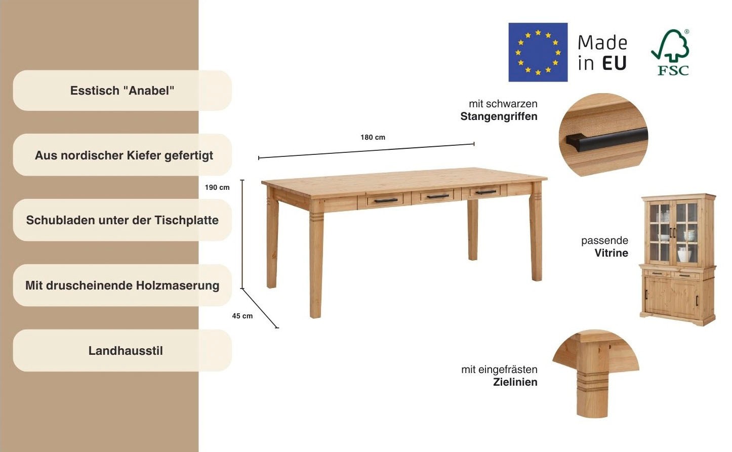 Esstisch OTTO HOME "Anabel, Schubkästen mit schwarzen Metallgriffen", beige (natur, natur), B:180cm H:75cm T:90cm, Tische, Esstisch, Buffet aus massiver Kiefer, FSC, mit Schiebetüren, B/H 186/190 cm 2