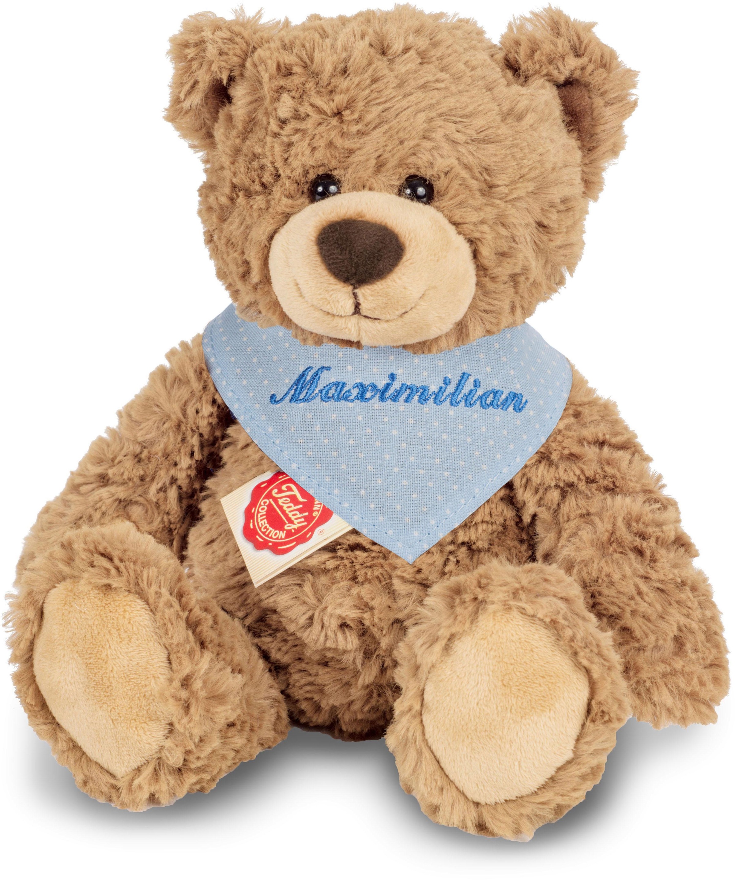 Kuscheltier Teddy hellbraun mit blauem Halstuch, 30 cm
