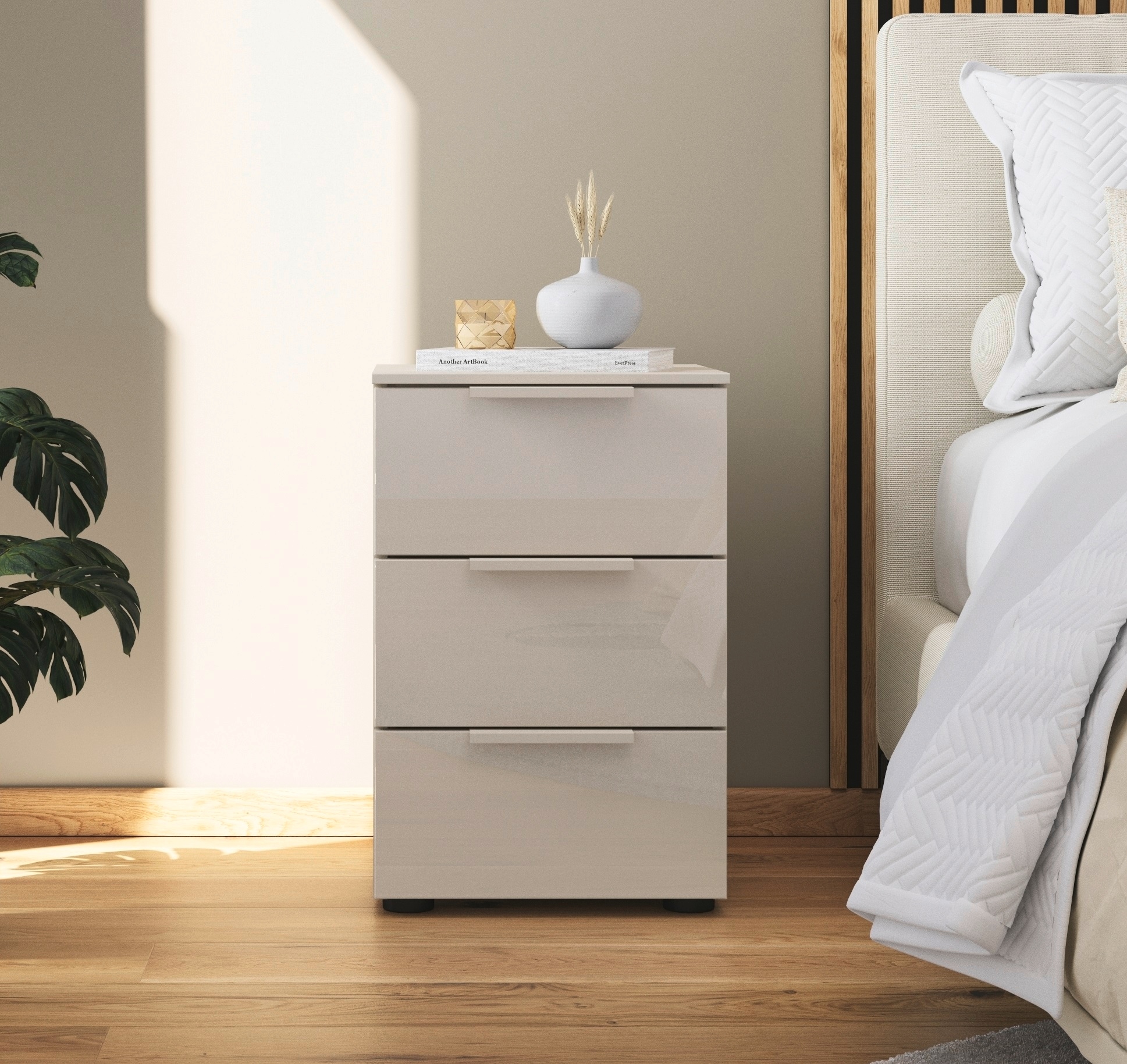 rauch Nachtkommode »Nachttisch Nachtschrank Nachtkonsole FLIPP mit Glasfront«, (Breite 40 cm), mit 3 Schubladen und Soft-Close-Funktion sowie Glasfront