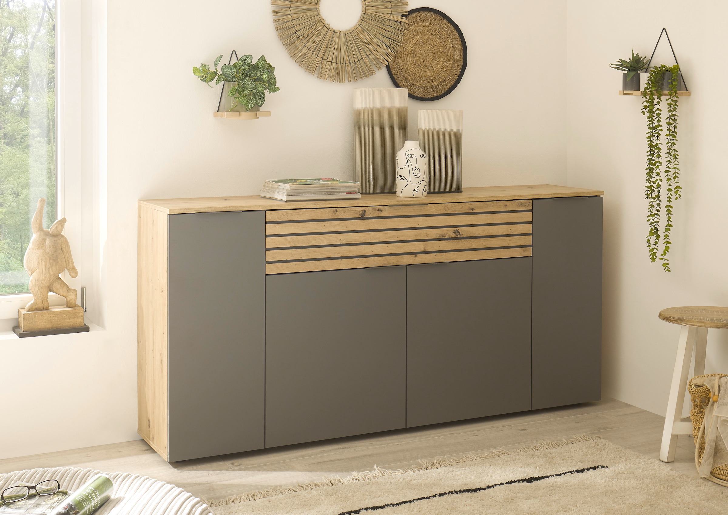 HBZ Sideboard »BZ 5110«, (1 St.), weiß oder Grau, Wohnzimmerschrank mit Absetzungen in Eiche Artisan