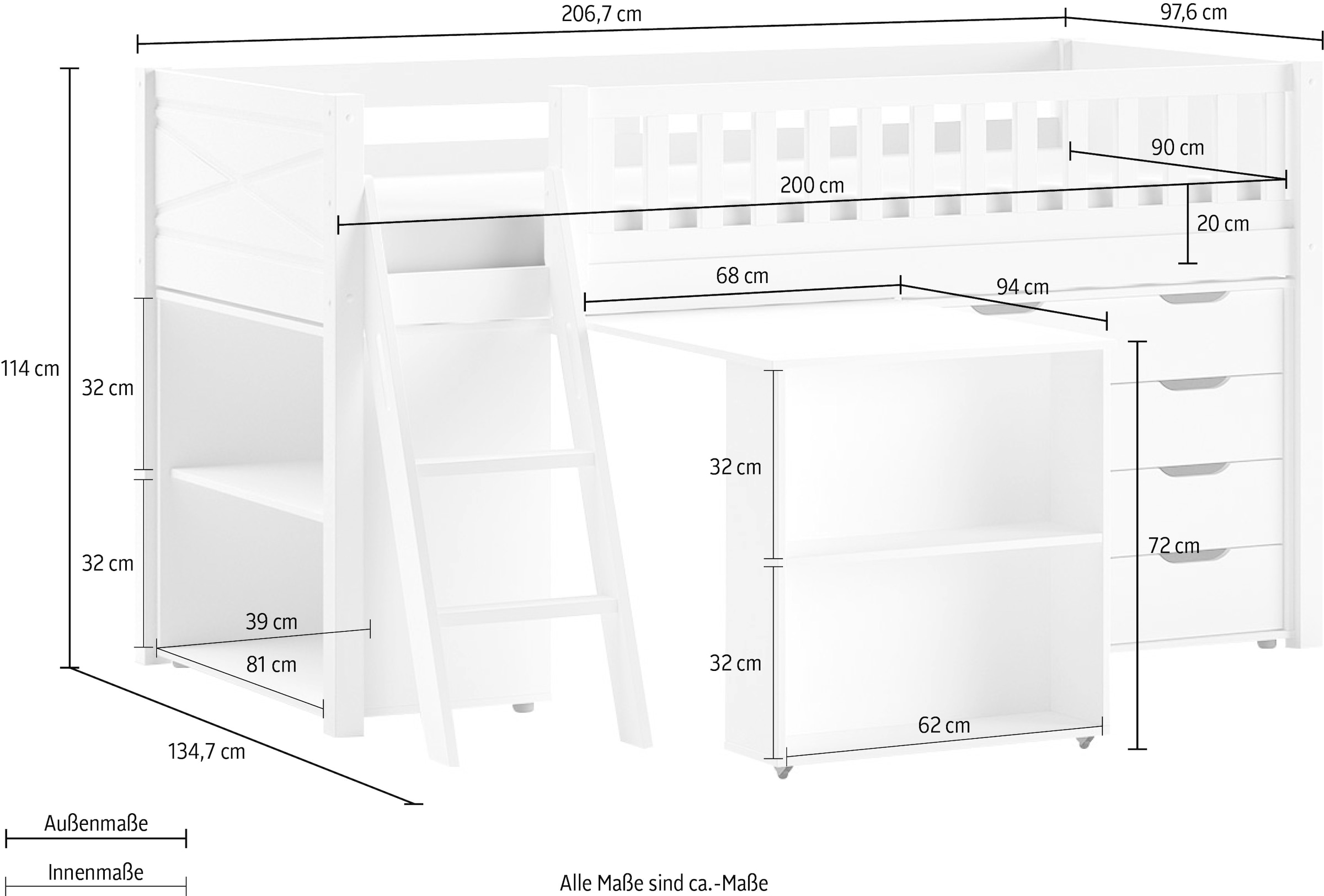 Vipack Spielbett, mit viel Funktion auf kleinem Raum, LF 90x200 cm, Kiefer weiß lackiert