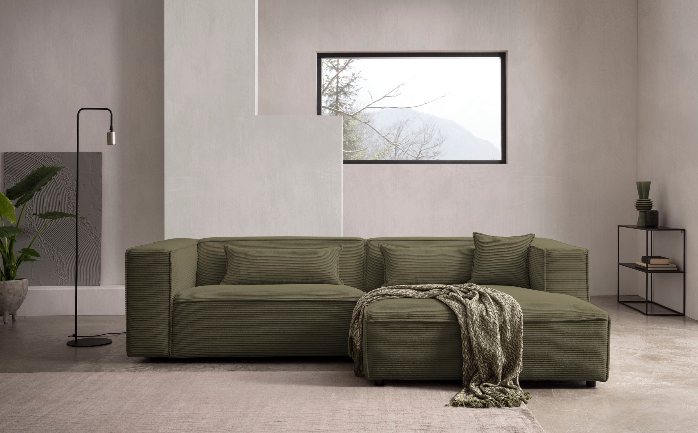 LeGer Home by Lena Gercke Ecksofa »PIARA mit Kedernaht in Cord oder Leinenoptik, moderne Couch in L-Form«, wahlweise Ottomane rechts/links, schwarze Füße, bequemer Sitzkomfort