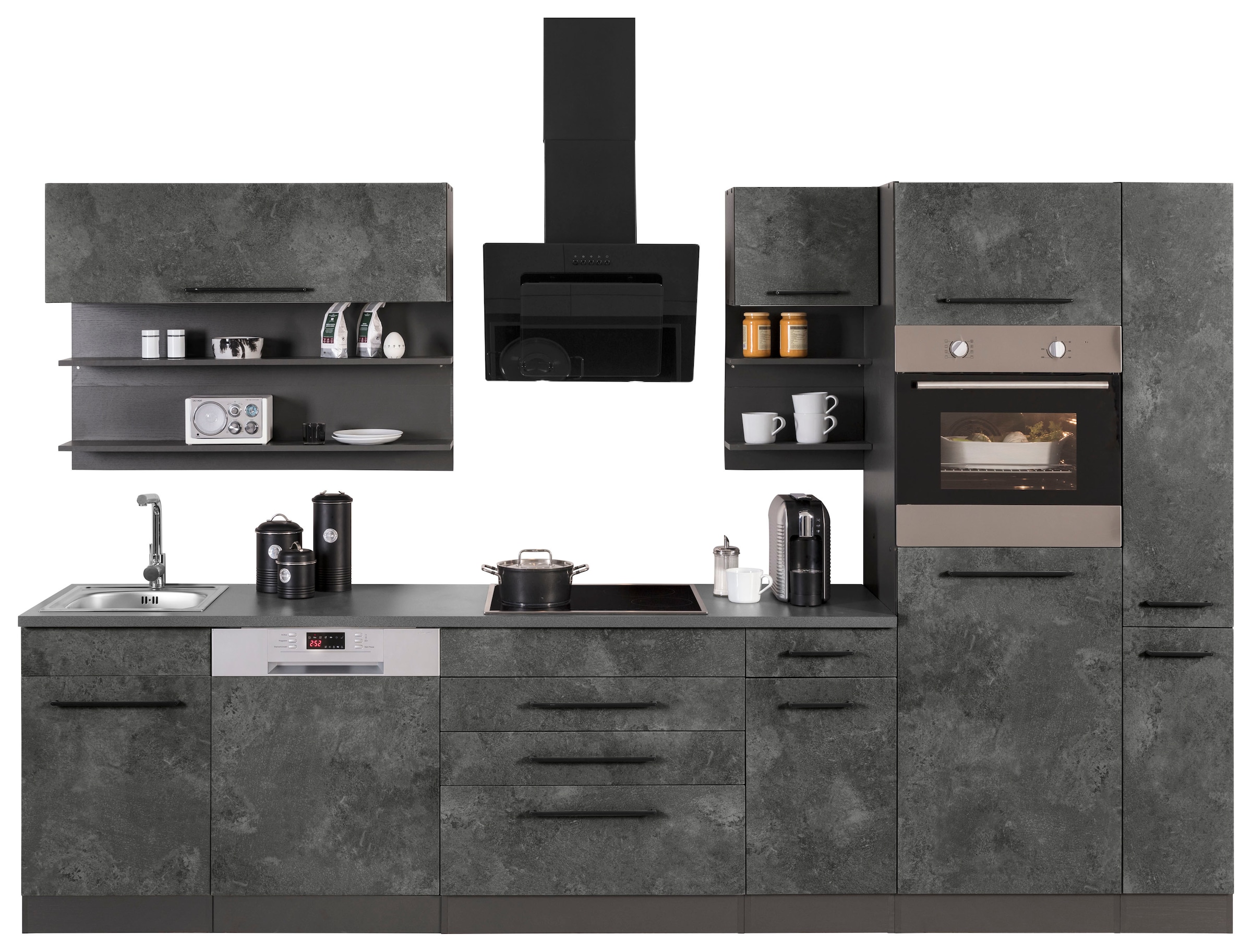KOCHSTATION "KS-Tulsa" mit E-Geräten, Breite 320 cm, schwarze Metallgriffe, MDF Fronten