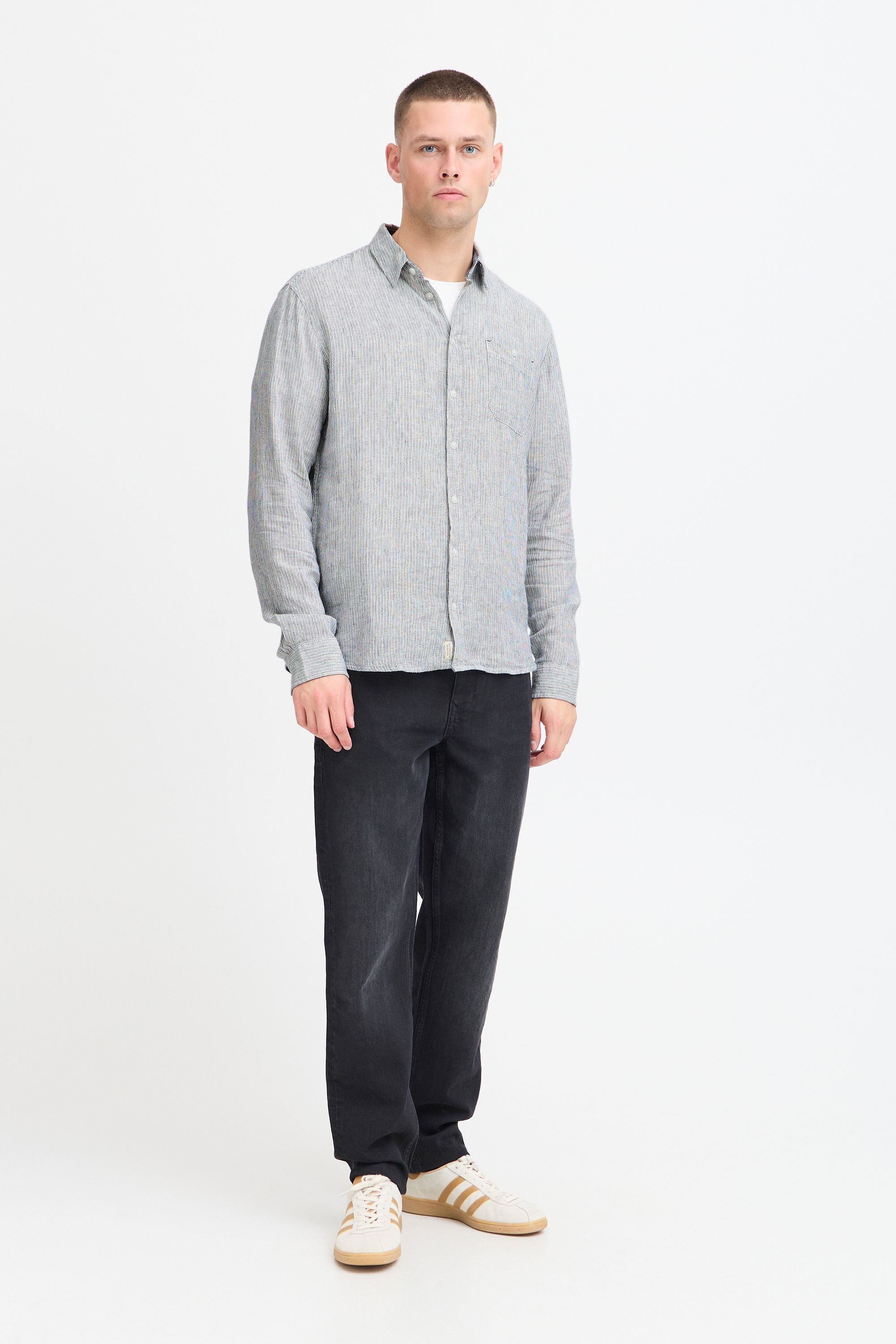 Langarmhemd BLEND "BHBobby Shirt stripe", Herren, Gr. L, US-Größen, marineblaus, 55% Leinen, 45% Viskose, regular fit, ohne Ausschnitt, 1-Knopf-Manschette, Hemden, Stilvolles Langarmhemd aus Leinenmix 5