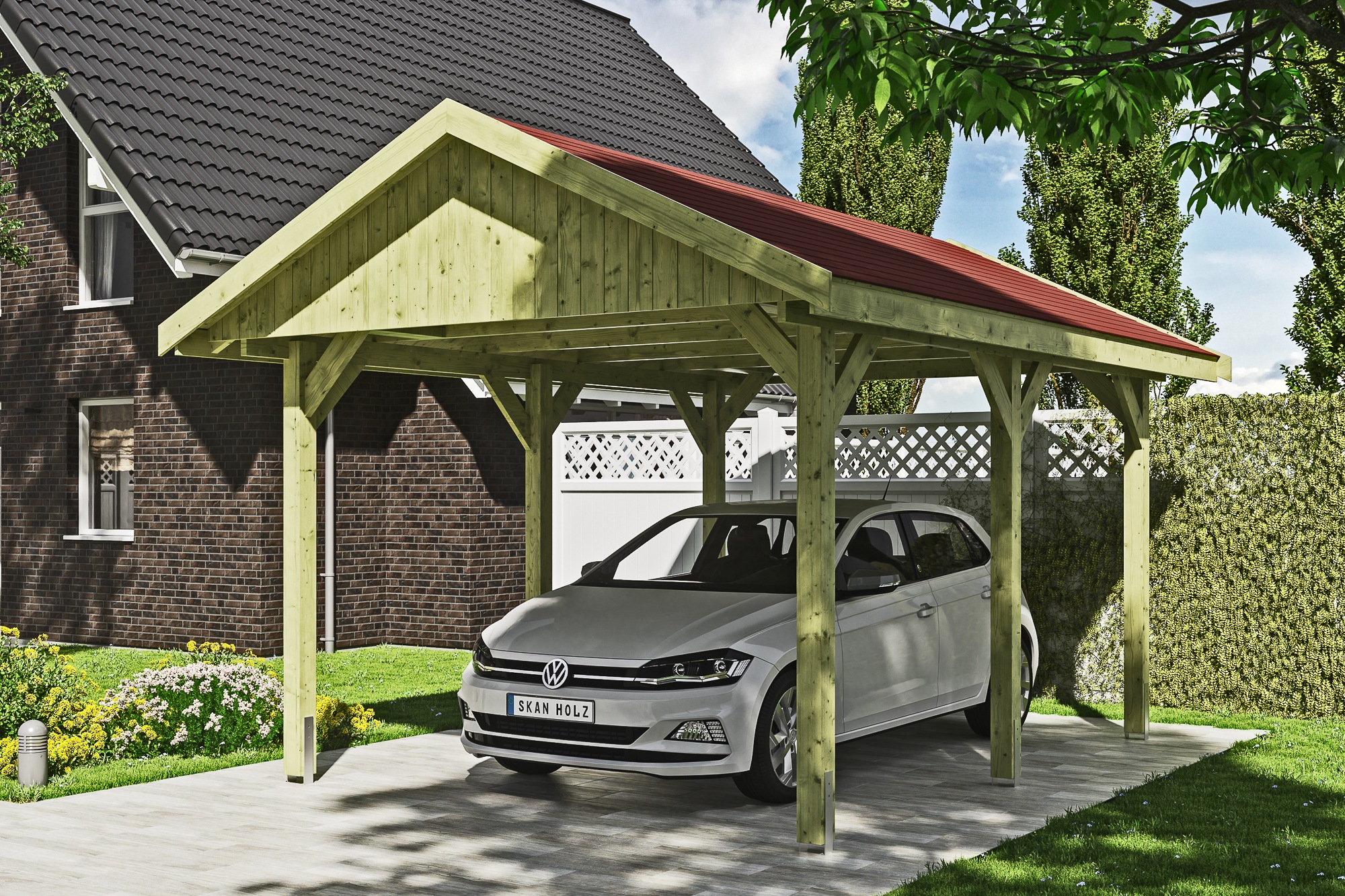 Skanholz Einzelcarport »Wallgau«, Nadelholz, 291 cm, Grün, mit roten Dachschindeln