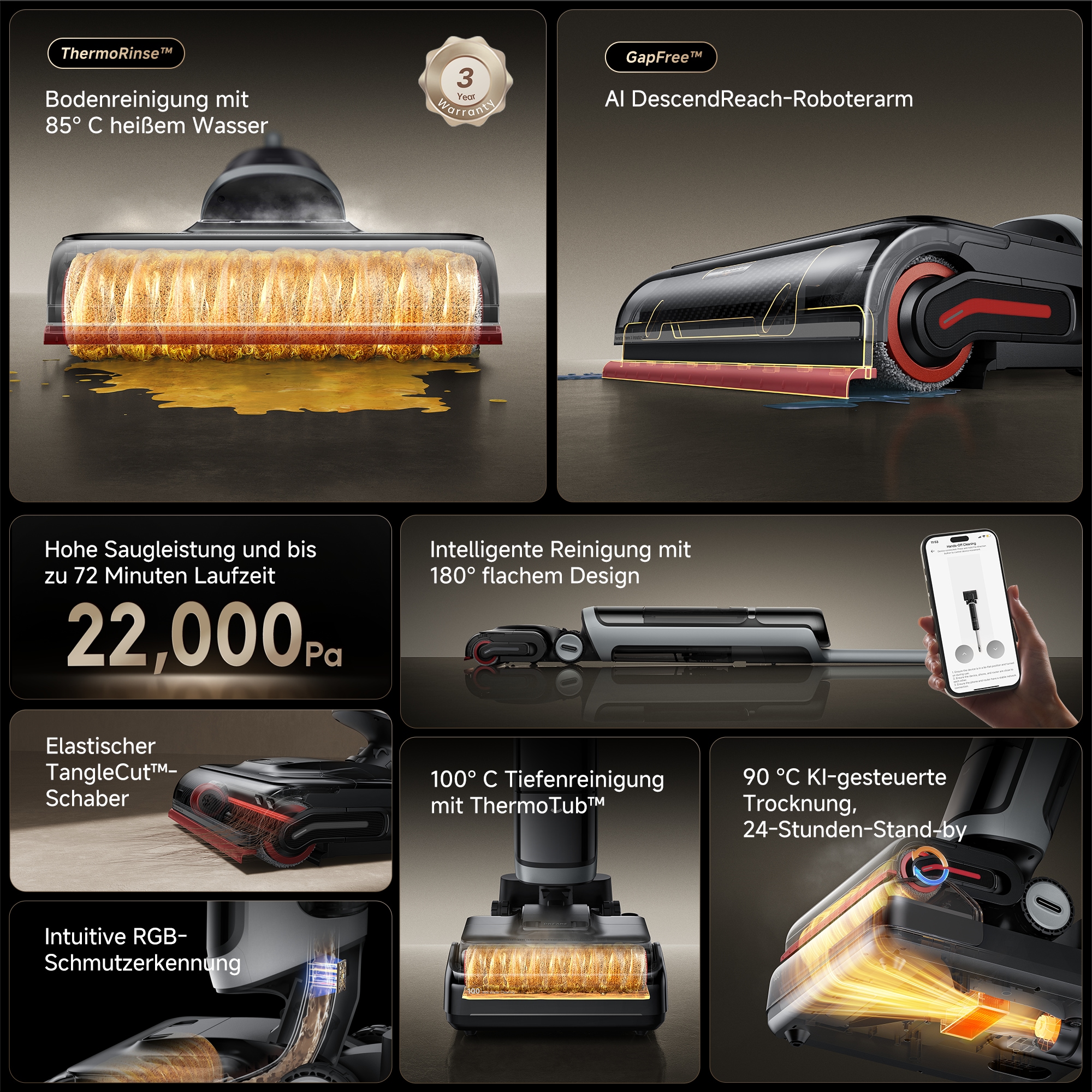 Dreame Nass-Trocken-Sauger »H15 Pro Heat«, 22.000Pa Saugkraft, KI-gesteuerter Hebearm, selbstreinigende Bürste