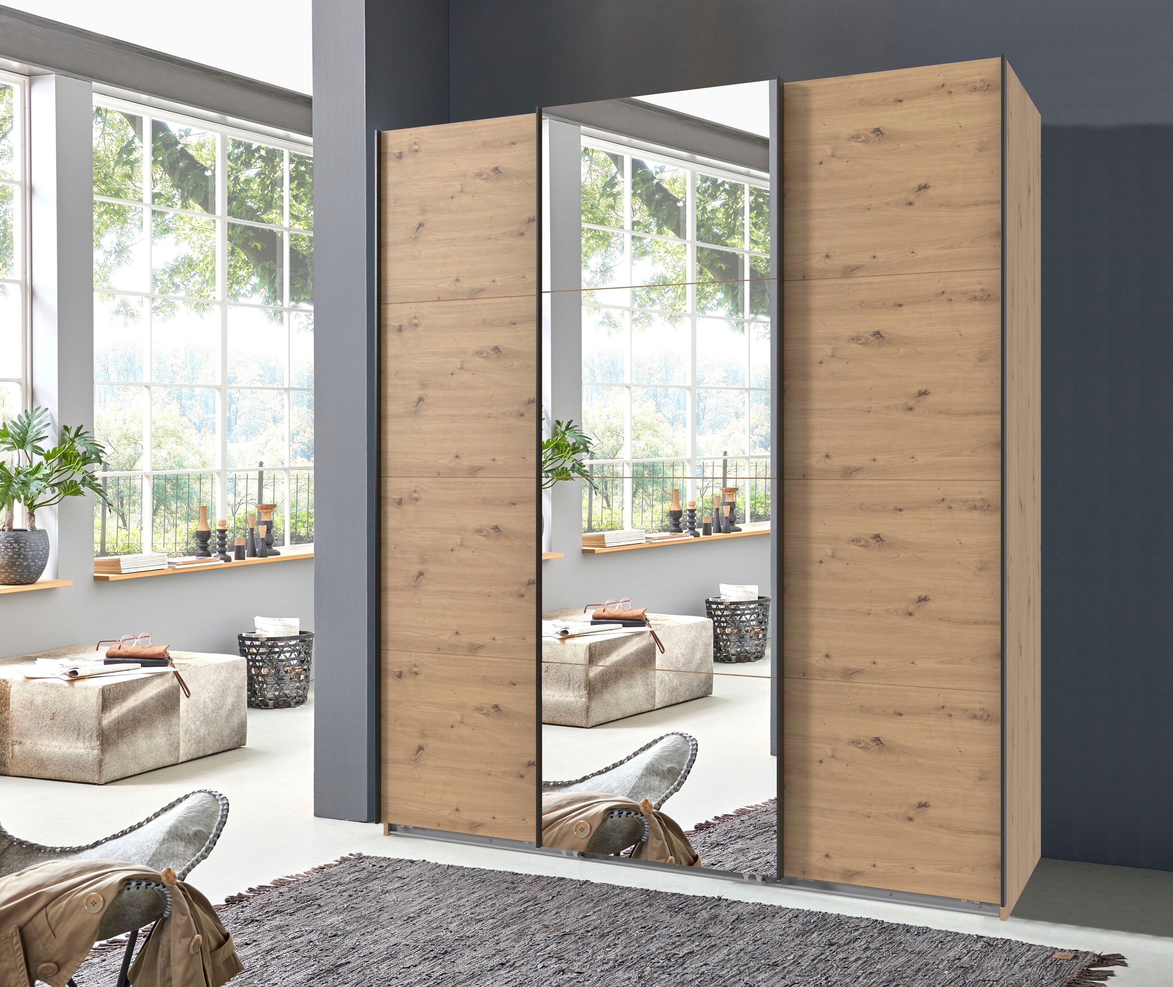 Wimex Schwebetürenschrank »Mugano, Made in Germany, Lieferung bis in Deine Etage und Stellort«, (wähle Deine Ausstattung: Basic oder Premium!), 3 Schwebetüren, große Größen, mit oder ohne Spiegel, Metallgriffe
