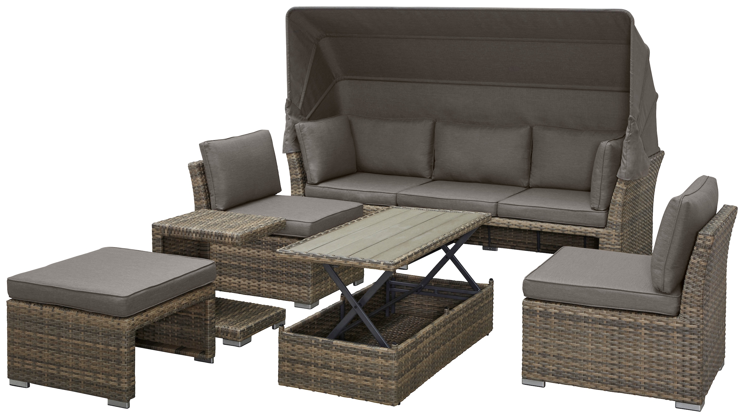 KONIFERA Gartenlounge-Set »Hawaii Premium«, (Set, 19 tlg., 1x3erSofa, 2xSessel, 1xHocker, 1xBeistelltisch, 1xTisch 111x54x59cm), mit aufklappbarem Dach und zur Sonneninsel umbaubar, Aluminium