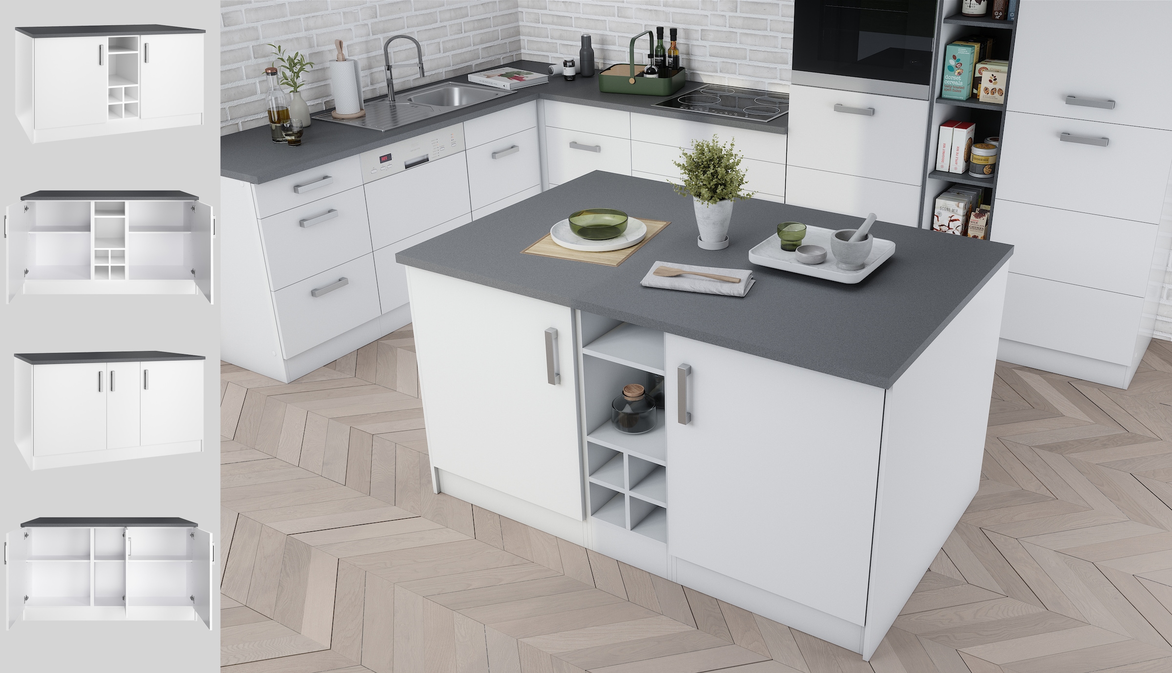 KOCHSTATION Kücheninsel »KS-Toronto«, Breite 153 cm, MDF-Fronten, Flaschenregal