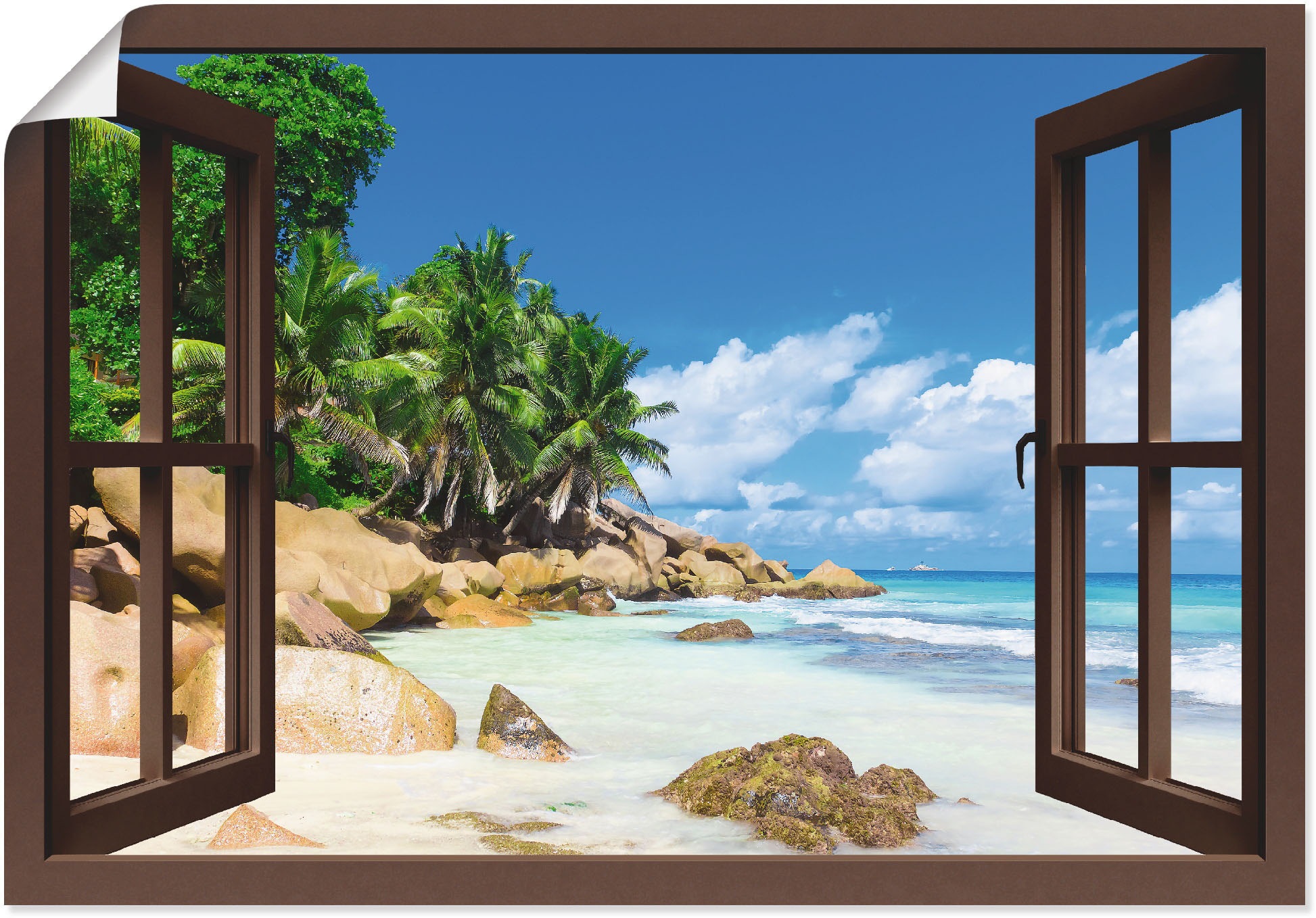 Black Friday Artland Wandbild durchs Alubild, (1 Poster »Küste Fenster«, versch. in | mit Karibikbilder, als Größen oder Wandaufkleber BAUR St.), Palmen Leinwandbild