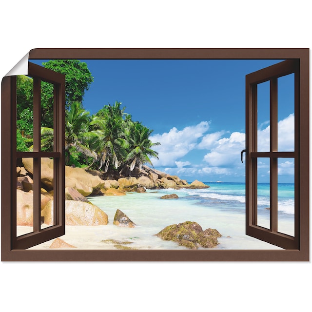 Black Friday Artland Wandbild »Küste mit Palmen durchs Fenster«,  Karibikbilder, (1 St.), als Alubild, Leinwandbild, Wandaufkleber oder Poster  in versch. Größen | BAUR