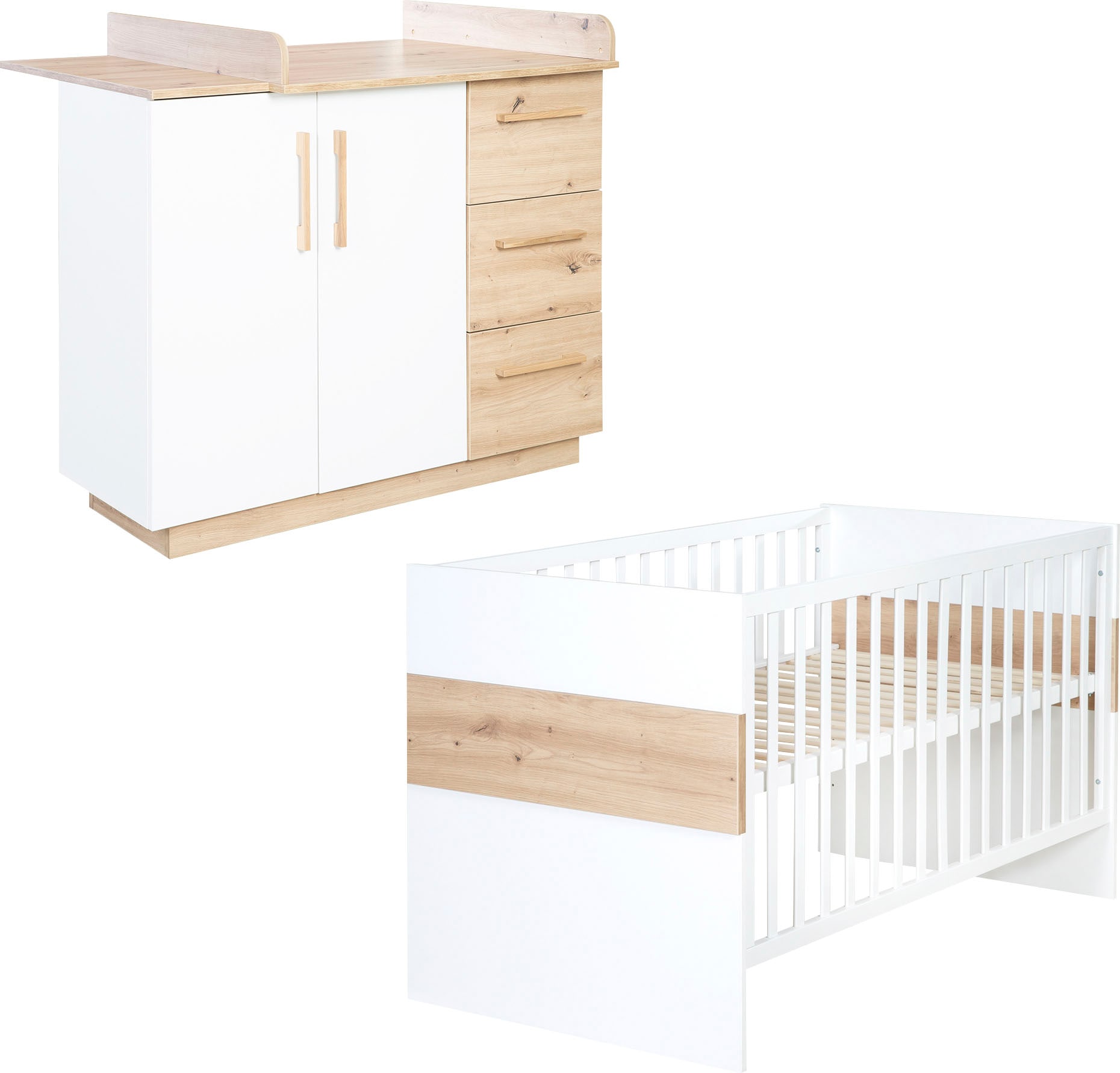 Babyzimmer-Komplettset »Lion, Weiß/Artisan Eiche«, (Spar-Set, Babybett 70x140 cm,...
