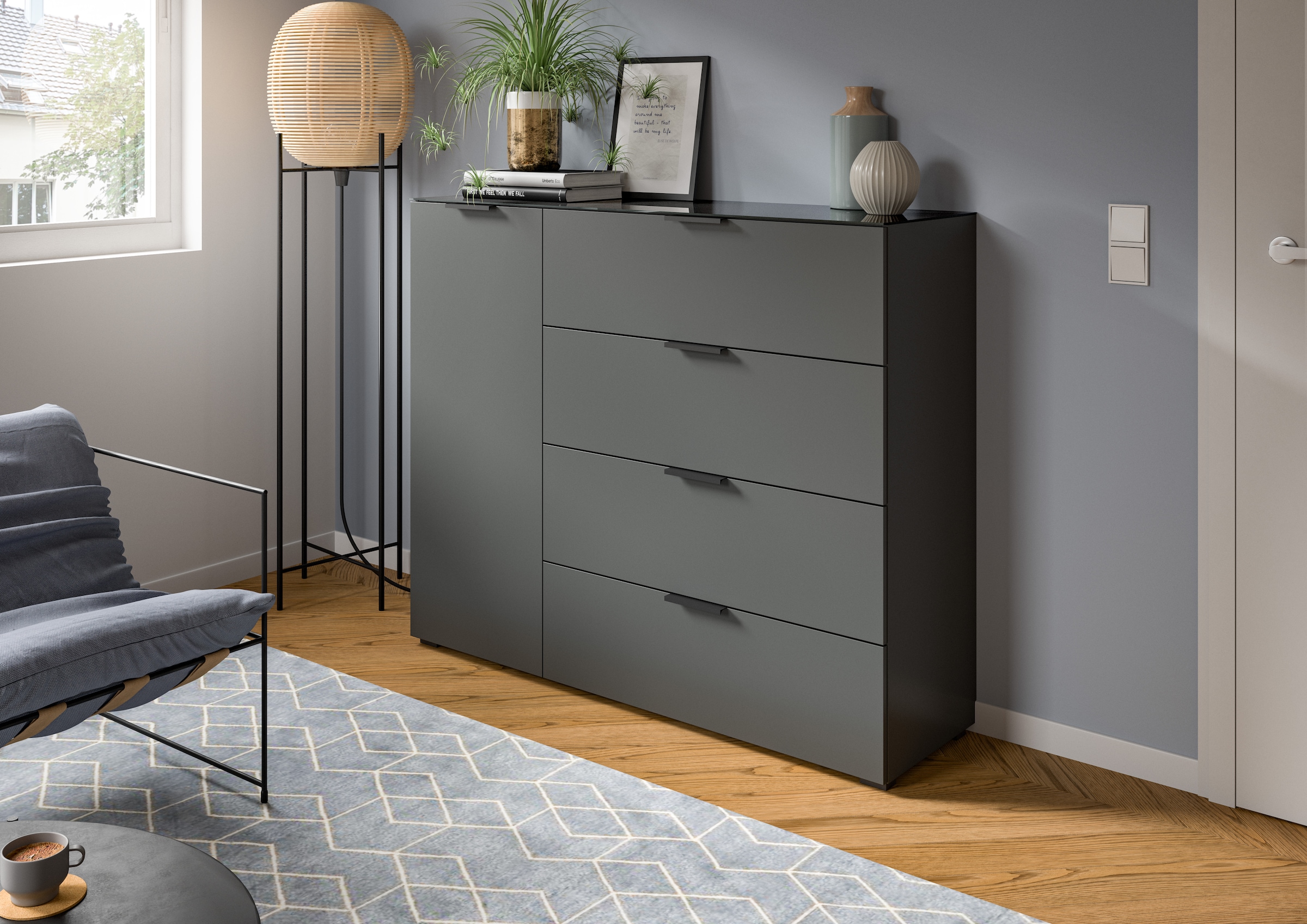 INOSIGN Kommode "Raio, Breite 135 cm, 1 Tür, 4 Schubkästen, Oberboden mit Glasplatte", Anrichte, Sideboard, Highboard, S