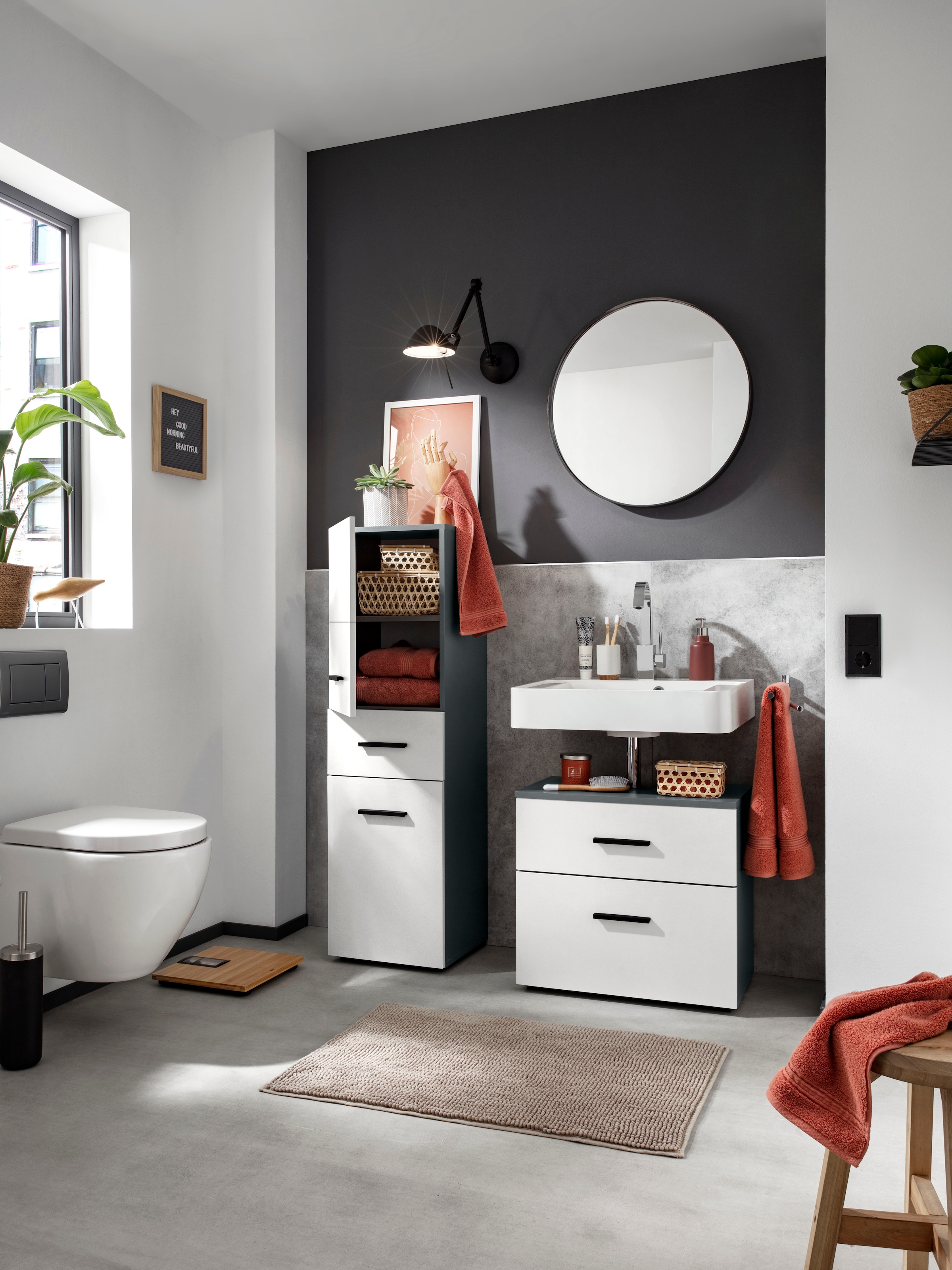 INOSIGN Waschbeckenunterschrank »Skara«, mit Klappe und Schubkasten, schwarze Griffe, Breite 60 cm, Höhe 55 cm