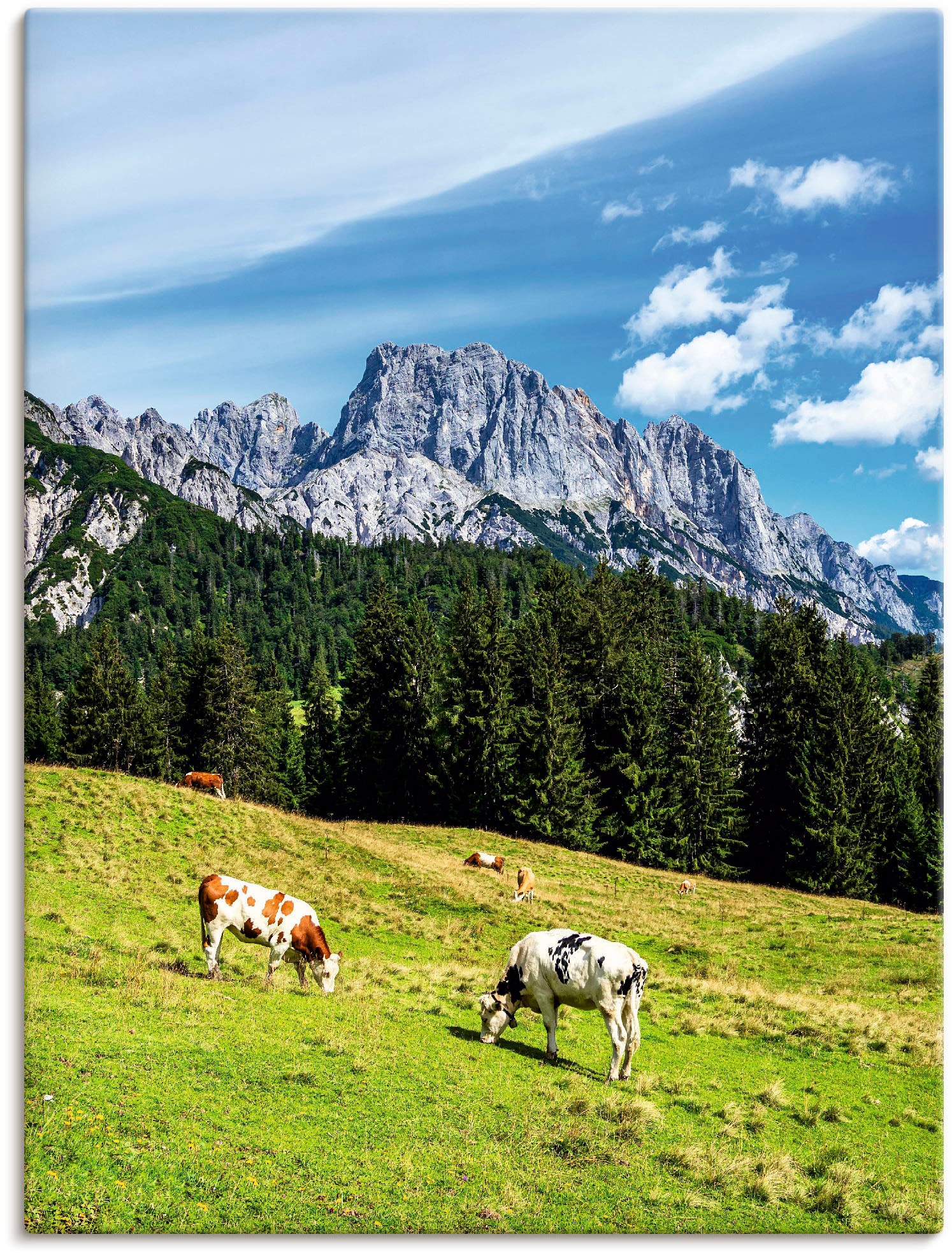 Artland Wandbild »Blick in mit BAUR St.), Poster oder die bestellen Litzlalm Alpenbilder, (1 auf Größen Kühen«, & als | Berge Leinwandbild, Wandaufkleber Alubild, versch