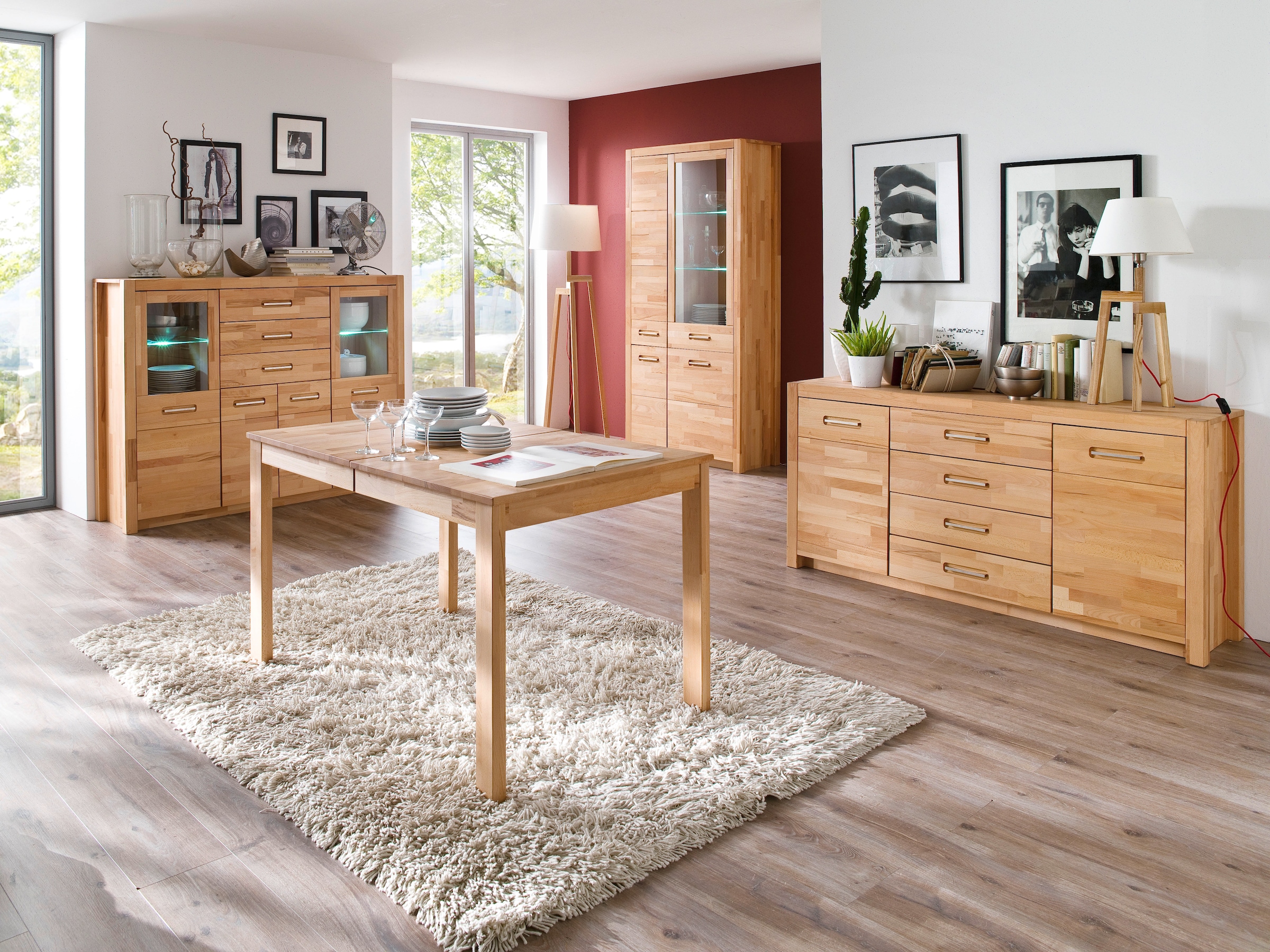MCA living Highboard »Fenja Schrank, Hochschrank, Hochkommode, Breite 163 cm«, (Set, 1 St., 1 Stück), Massivholz, 3 Schubkästen, 4 Türen, Made in Europe