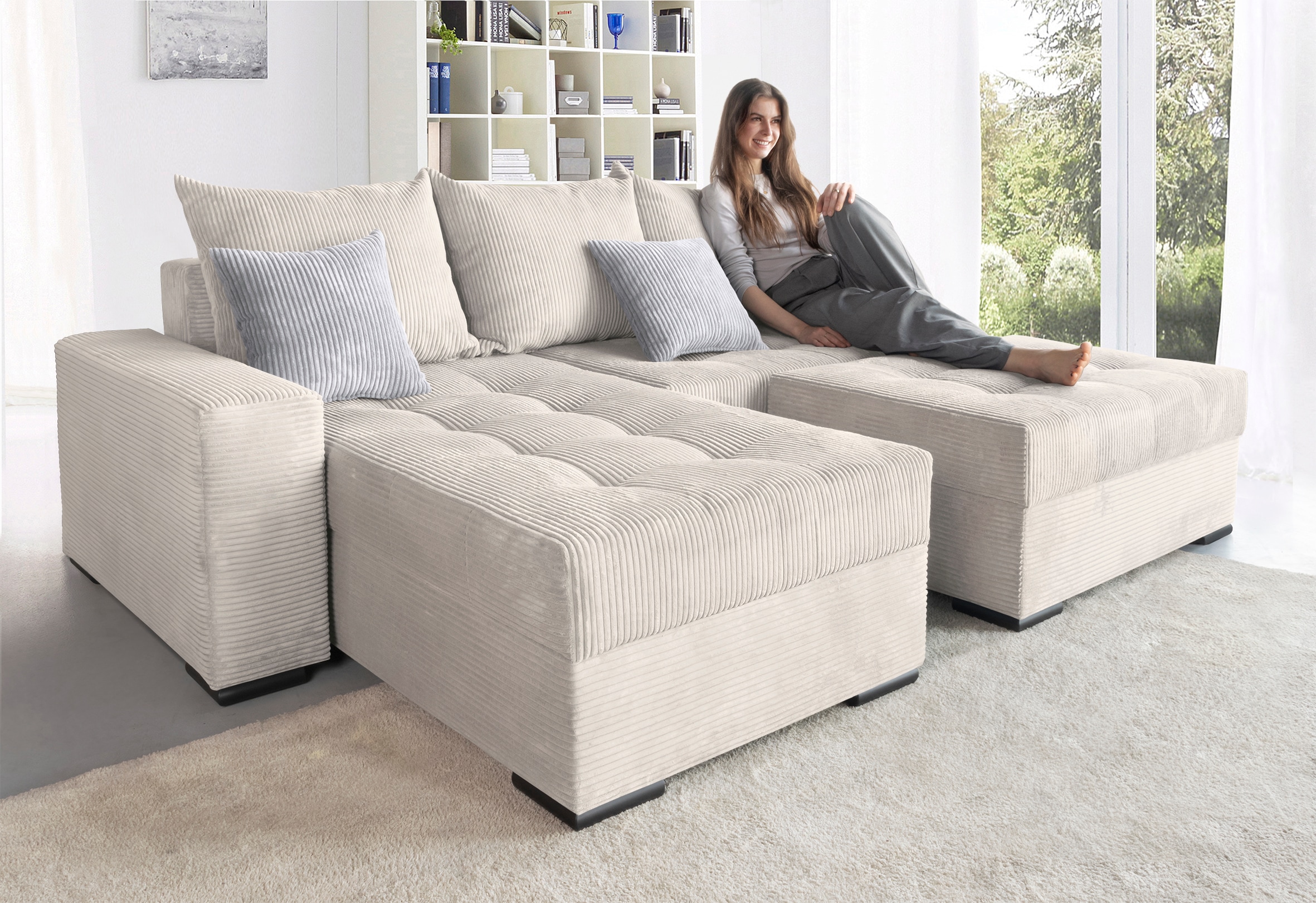 COLLECTION AB "Josy L-Form, B: 214 cm in Cord, Cord-Mix" Schlaffunktion, Bettkasten & 2 Zierkissen, Federkern